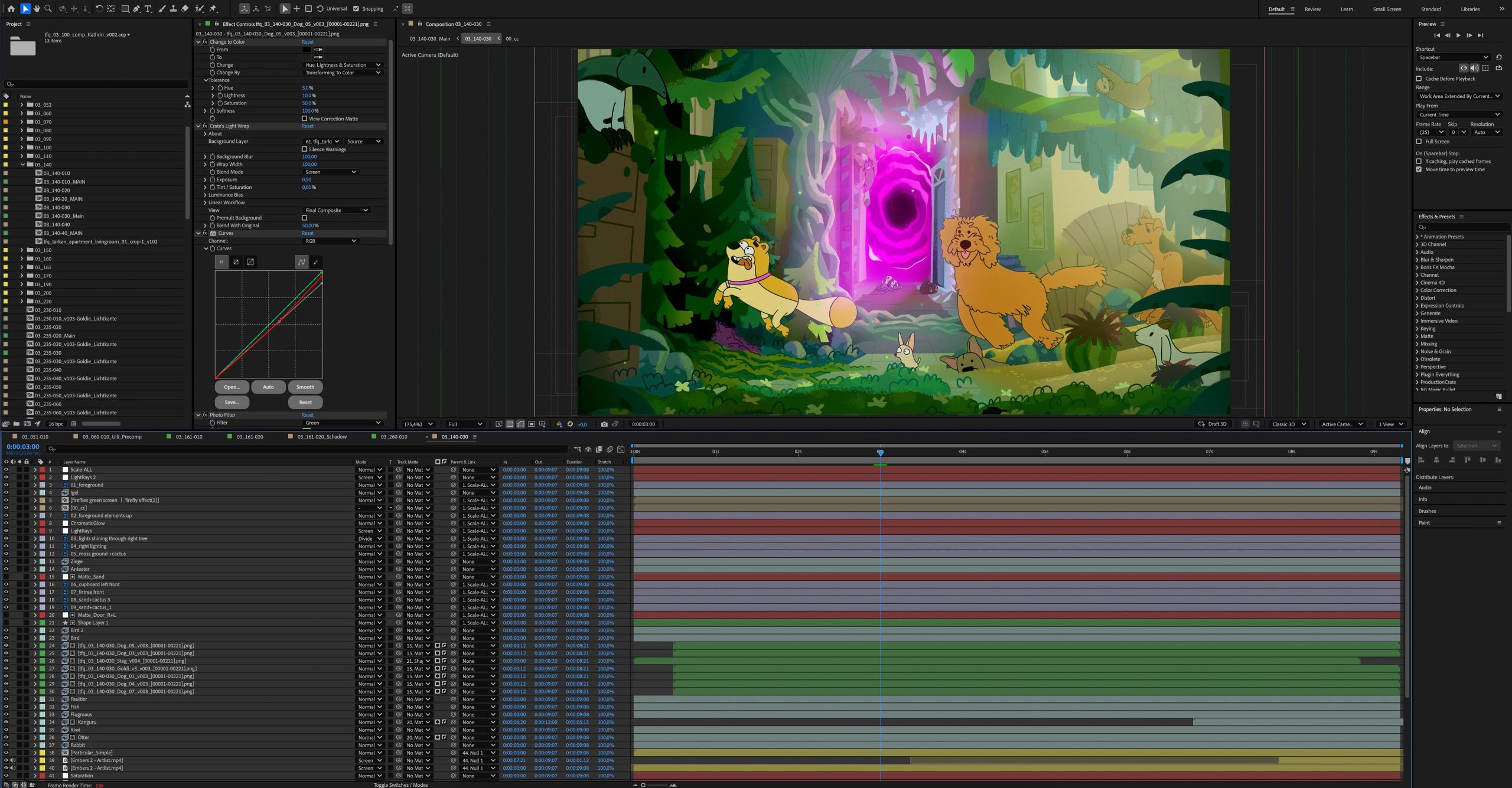 an animated scene features two cartoon animals a yellow cat and a brown dog sitting in a lush green forest behind them is a glowing purple portal the user interface of an animation software is visible showing layers and tools on the left and bottom digital production An animated scene features two cartoon animals, a yellow cat and a brown dog, sitting in a lush green forest. Behind them is a glowing purple portal. The user interface of an animation software is visible, showing layers and tools on the left and bottom.