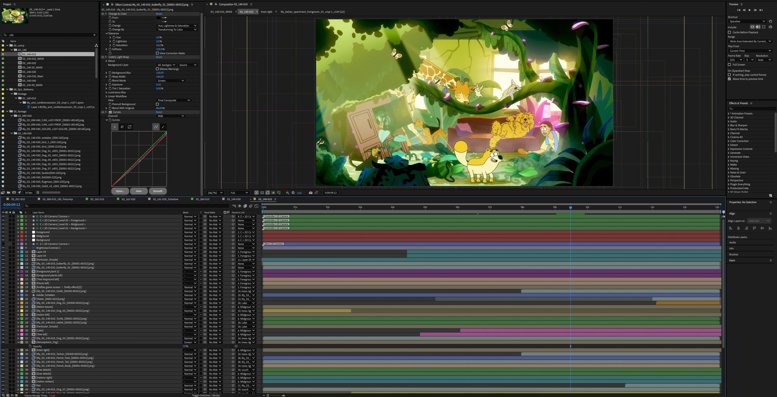 an animation software interface displaying a colorful vibrant jungle scene featuring a character amidst lush greenery and flowers below a timeline with colored layers highlights various animation elements set against a dark interface digital production An animation software interface displaying a colorful, vibrant jungle scene featuring a character amidst lush greenery and flowers. Below, a timeline with colored layers highlights various animation elements, set against a dark interface.