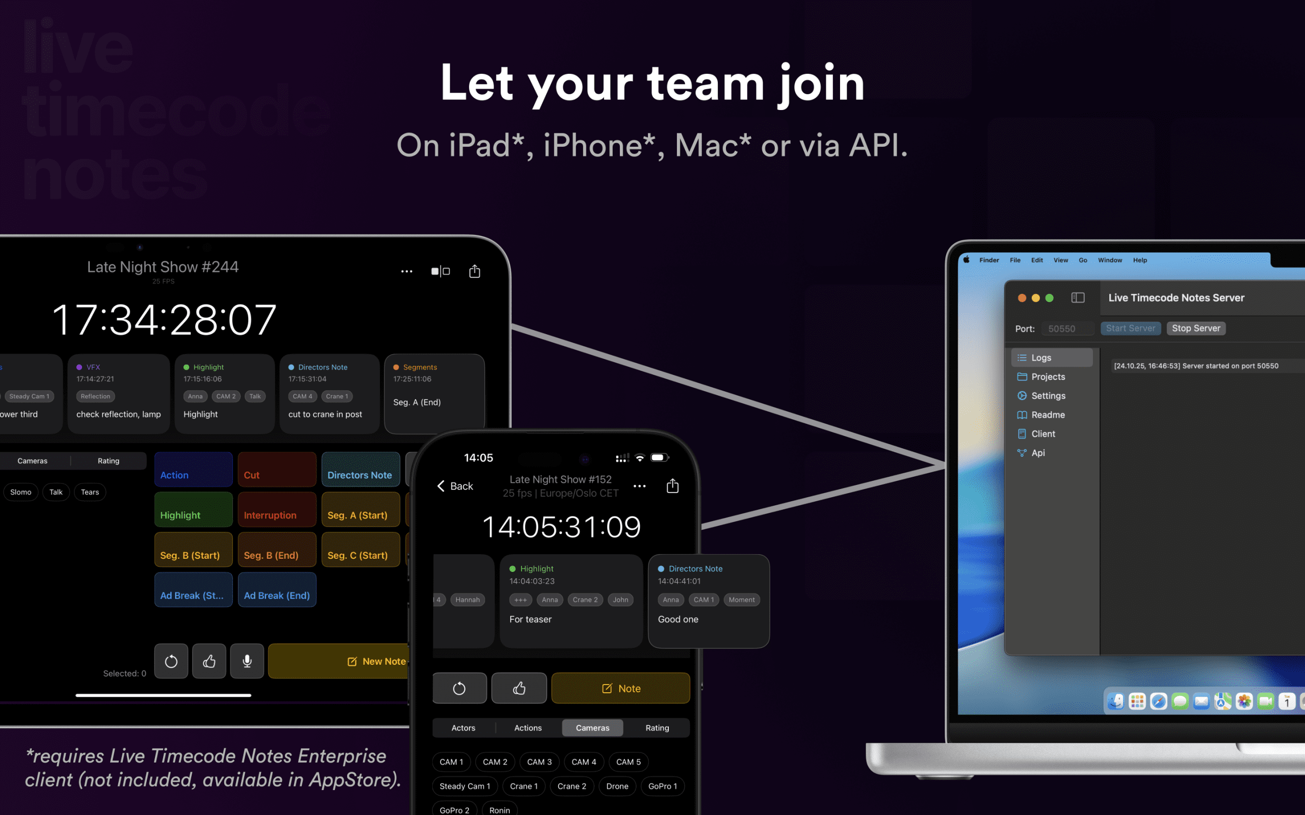 an overview of the live timecode notes app displayed on an ipad iphone and mac highlighting the ability for team members to join via multiple devices the interface shows timecodes and various controls for managing timecoded notes digital production An overview of the Live Timecode Notes app displayed on an iPad, iPhone, and Mac, highlighting the ability for team members to join via multiple devices. The interface shows timecodes and various controls for managing timecoded notes.