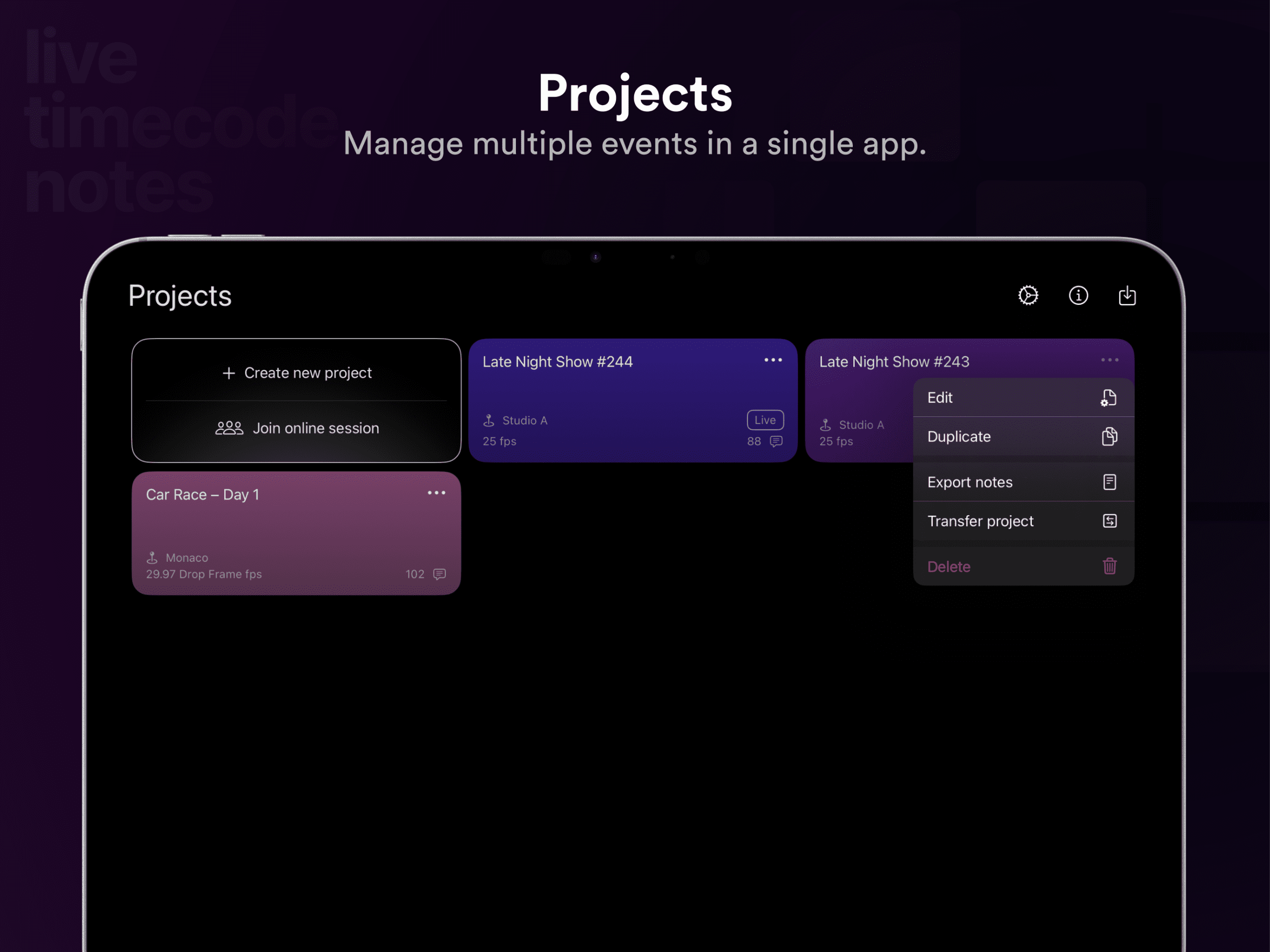 a digital workspace interface displaying a project management screen with the title projects it features several event cards including late night show 244 and car race day 1 along with options to create a new project or join an online session digital production A digital workspace interface displaying a project management screen with the title 'Projects.' It features several event cards, including 'Late Night Show #244' and 'Car Race - Day 1,' along with options to create a new project or join an online session.