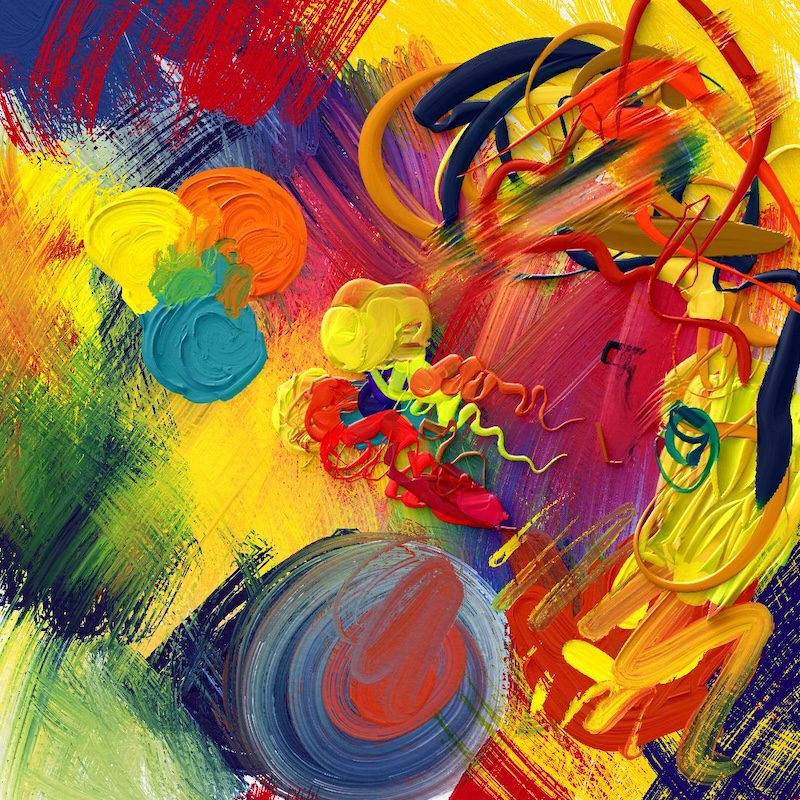an abstract painting featuring vibrant colors like red yellow blue and green swirling brushstrokes and textured patterns create a lively composition with circular shapes and flowing lines interspersed throughout the canvas digital production An abstract painting featuring vibrant colors like red, yellow, blue, and green. Swirling brushstrokes and textured patterns create a lively composition, with circular shapes and flowing lines interspersed throughout the canvas.