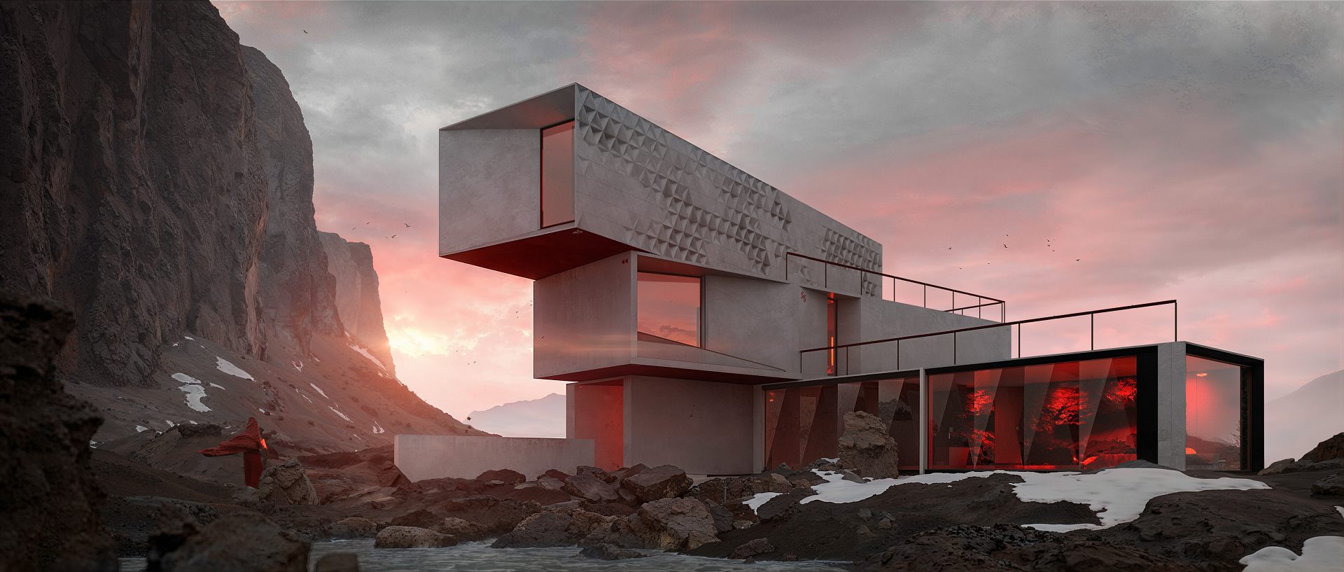 a modern architectural structure with angular shapes and large windows sits among rocky terrain illuminated by a dramatic sunset with pink and orange hues snowcapped mountains are visible in the background digital production A modern architectural structure with angular shapes and large windows sits among rocky terrain, illuminated by a dramatic sunset with pink and orange hues. Snow-capped mountains are visible in the background.