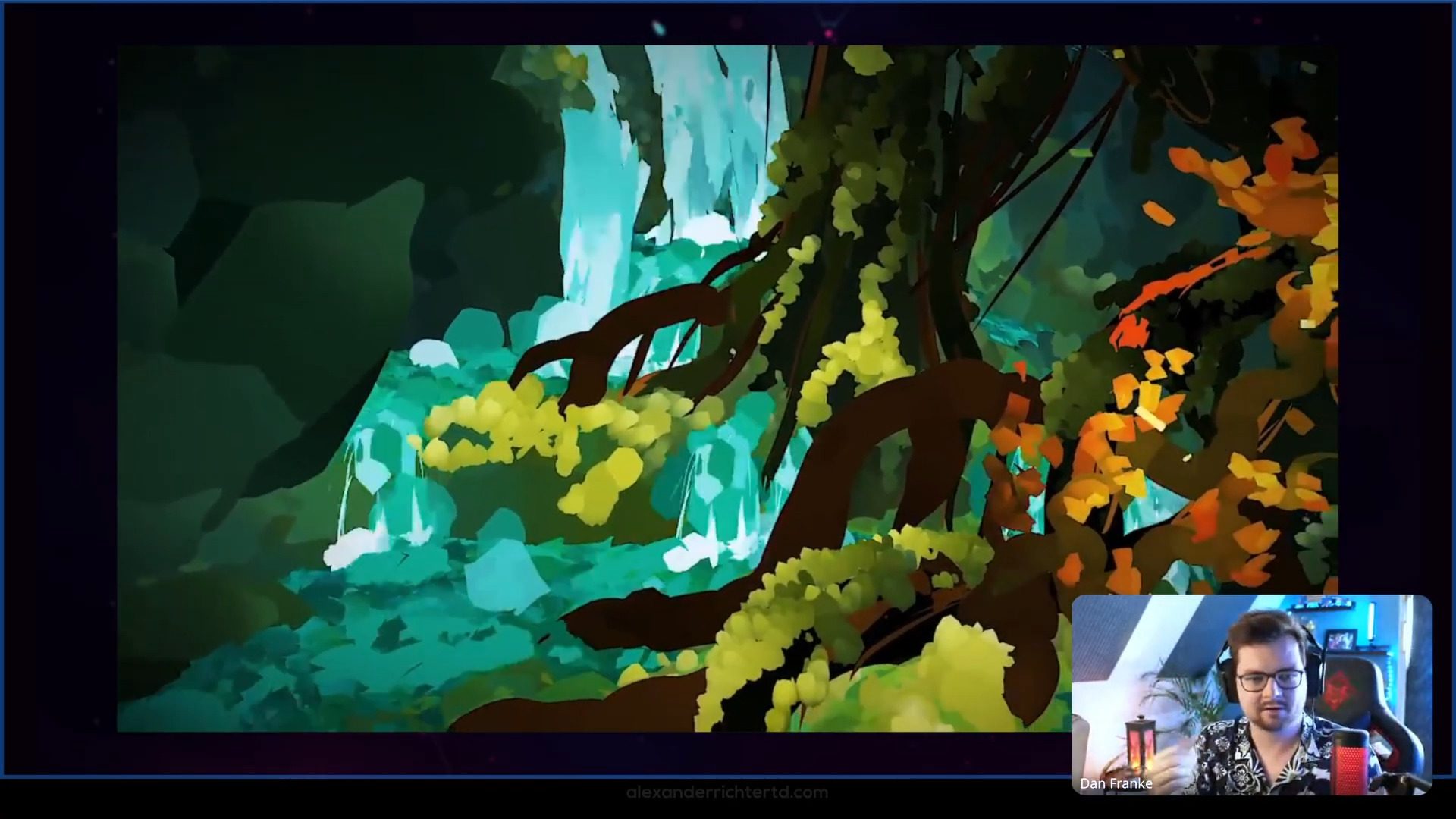 a vibrant digital artwork of a lush green landscape featuring a waterfall surrounded by colorful foliage and twisted tree roots in the foreground a person is holding a drink interacting with the artwork digital production A vibrant digital artwork of a lush green landscape featuring a waterfall surrounded by colorful foliage and twisted tree roots. In the foreground, a person is holding a drink, interacting with the artwork.