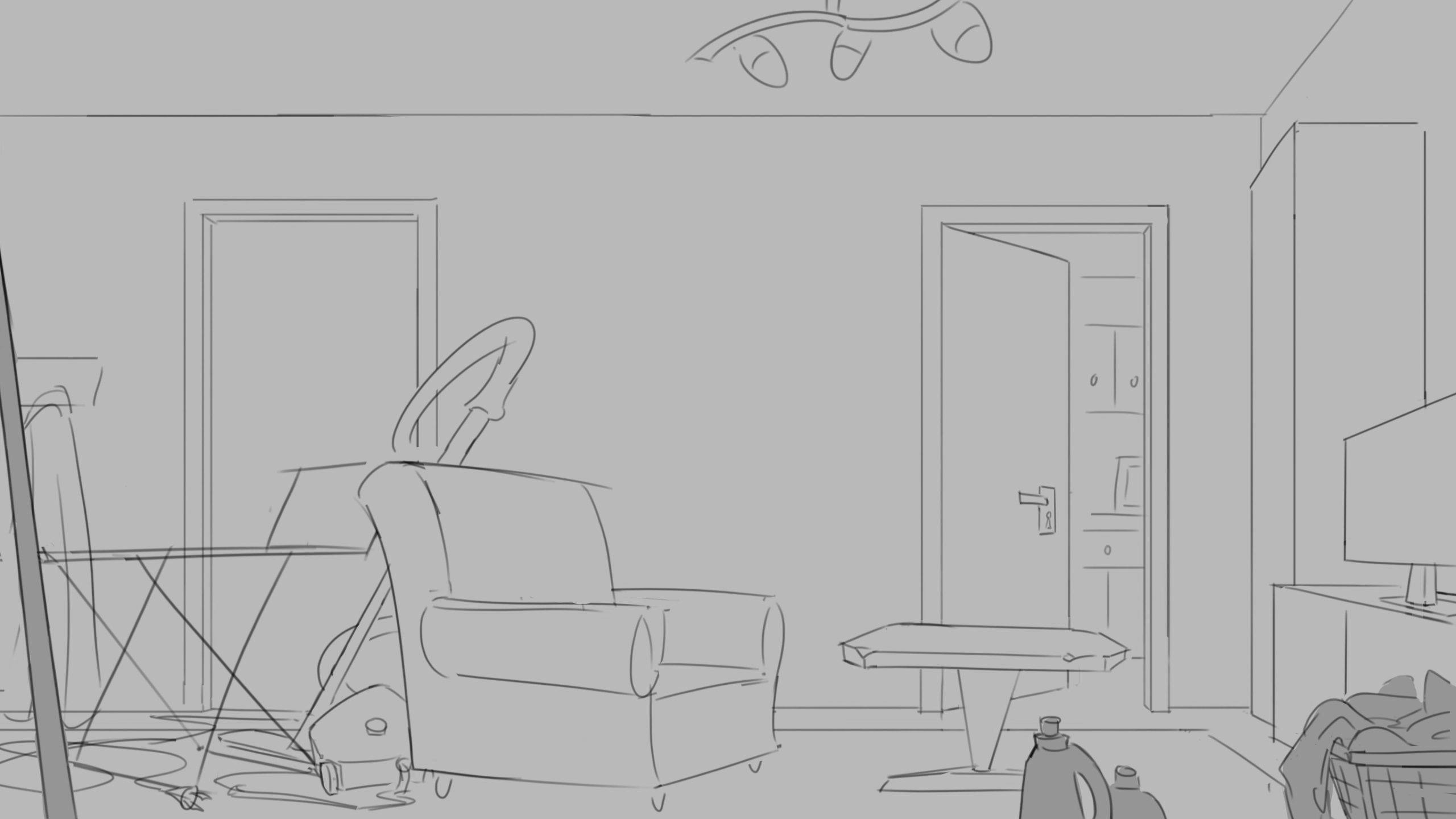 a minimalist sketch of a room featuring a simple chair a small table and an open door leading to another space the floor is partially visible and a tv stand is placed against one wall digital production A minimalist sketch of a room featuring a simple chair, a small table, and an open door leading to another space. The floor is partially visible, and a TV stand is placed against one wall.