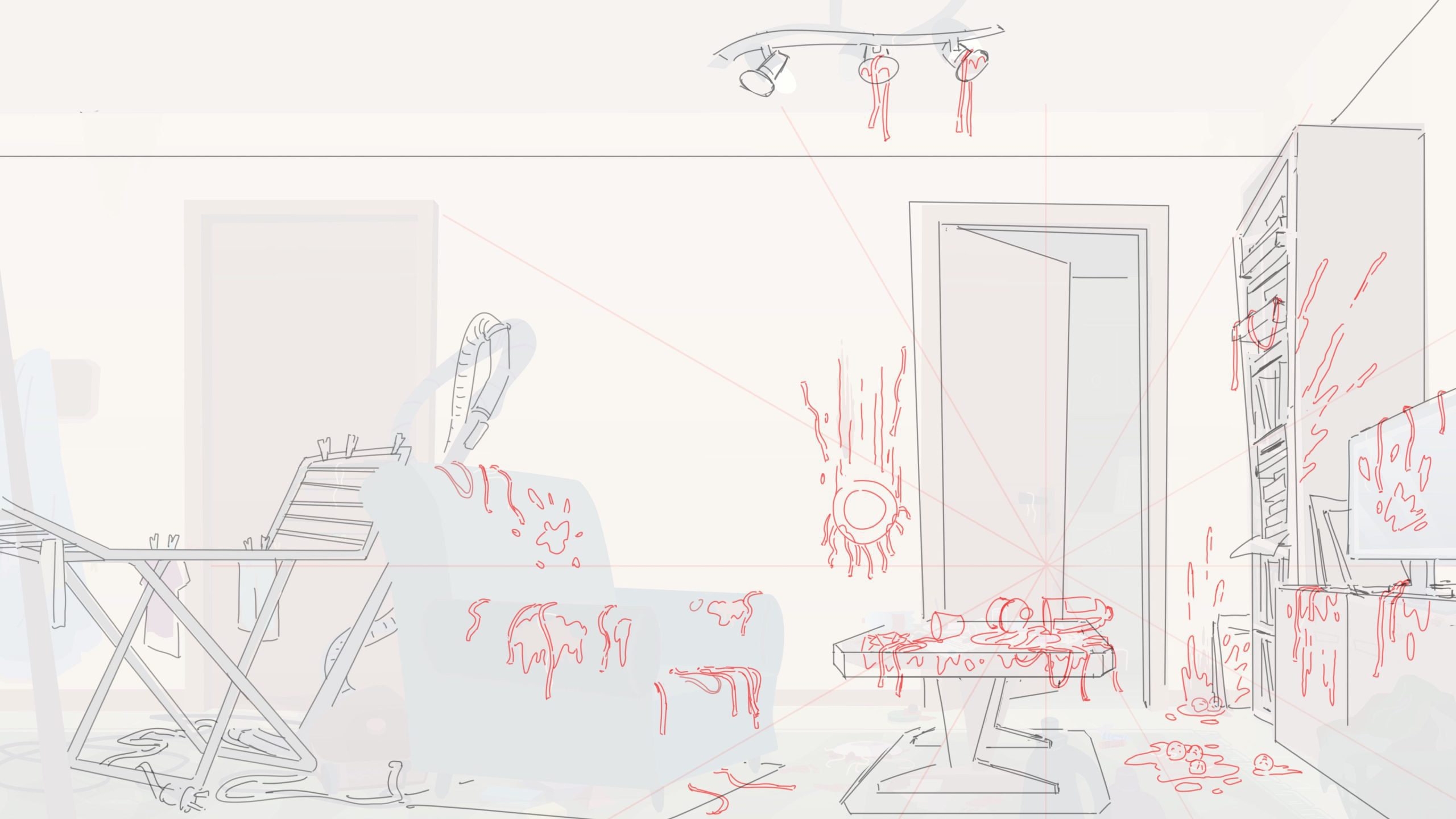 an abstract illustration of a dimly lit room with red splatters on the walls and furniture a chair is in the foreground with a small table nearby an open door leads to another space suggesting a chaotic scene within the interior digital production An abstract illustration of a dimly lit room with red splatters on the walls and furniture. A chair is in the foreground, with a small table nearby. An open door leads to another space, suggesting a chaotic scene within the interior.