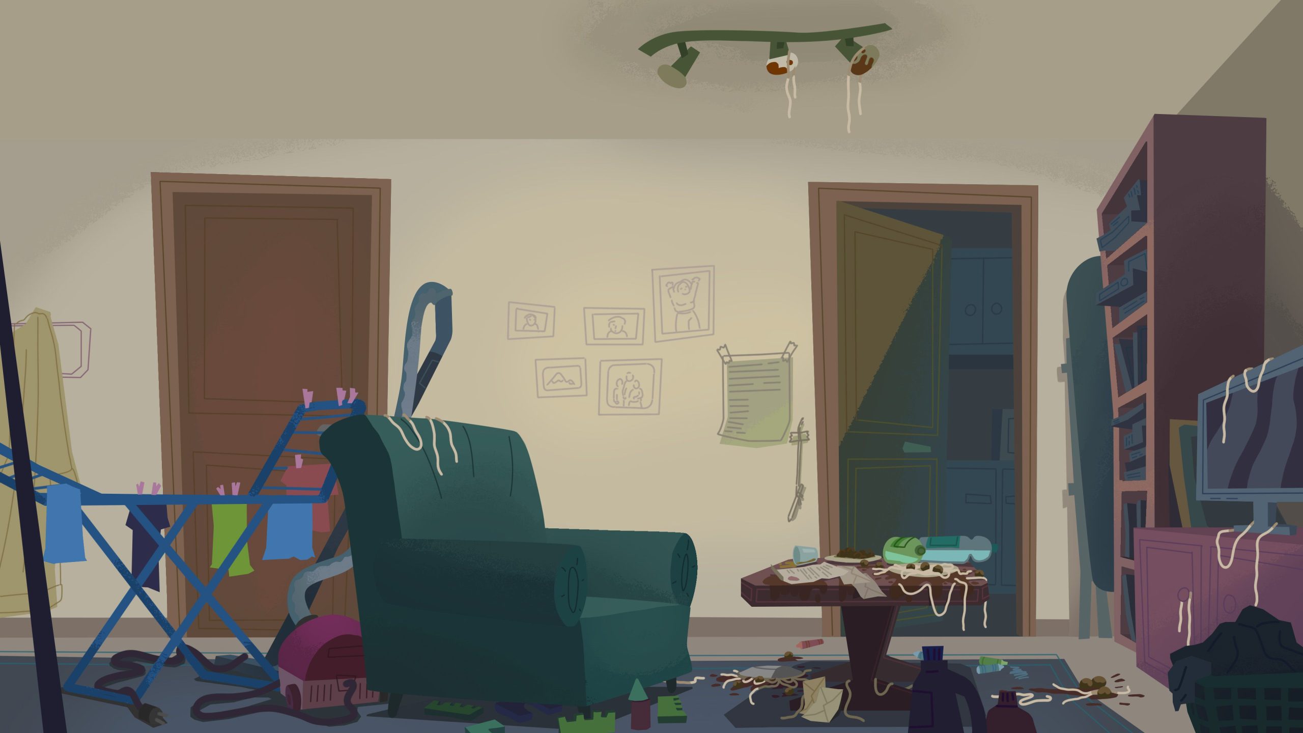 a cluttered living room featuring a green armchair a messy table covered in trash and scattered items like laundry bottles and a drying rack the walls have faintly visible pictures and two doors are ajar revealing additional disarray digital production A cluttered living room featuring a green armchair, a messy table covered in trash, and scattered items like laundry, bottles, and a drying rack. The walls have faintly visible pictures, and two doors are ajar, revealing additional disarray.