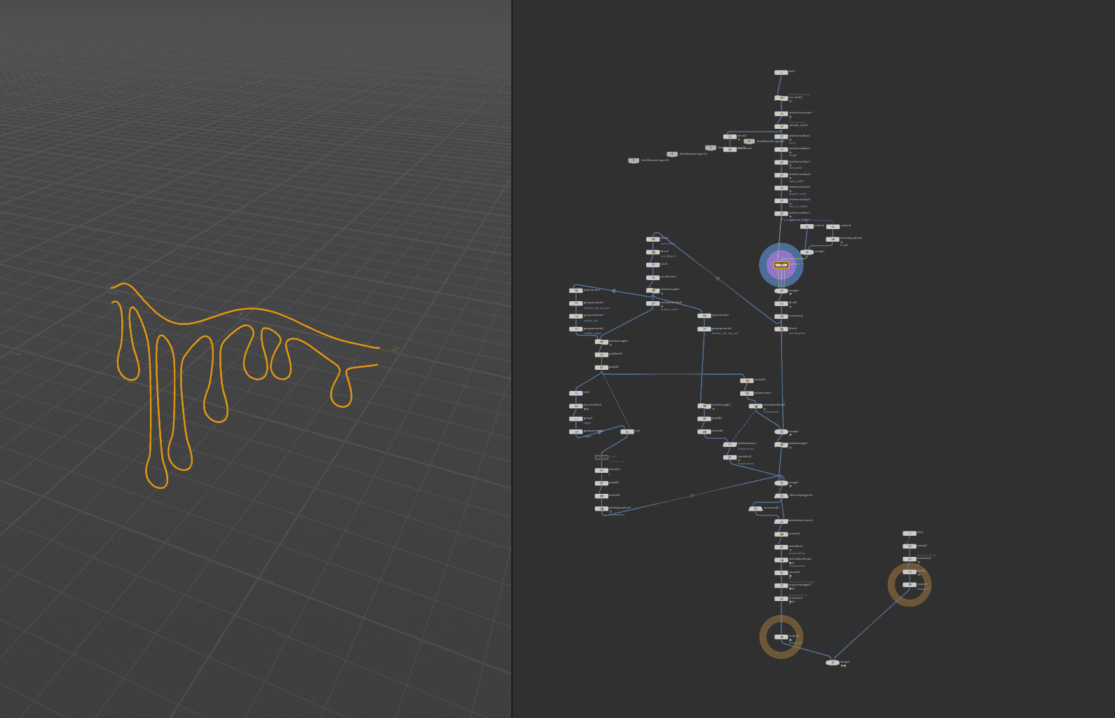 a 3d rendering of a fluidlike yellow object with elongated drips on the left side alongside a detailed structured flowchart with interconnected nodes in white and blue on a dark background to the right digital production A 3D rendering of a fluid-like yellow object with elongated drips on the left side, alongside a detailed, structured flowchart with interconnected nodes in white and blue on a dark background to the right.