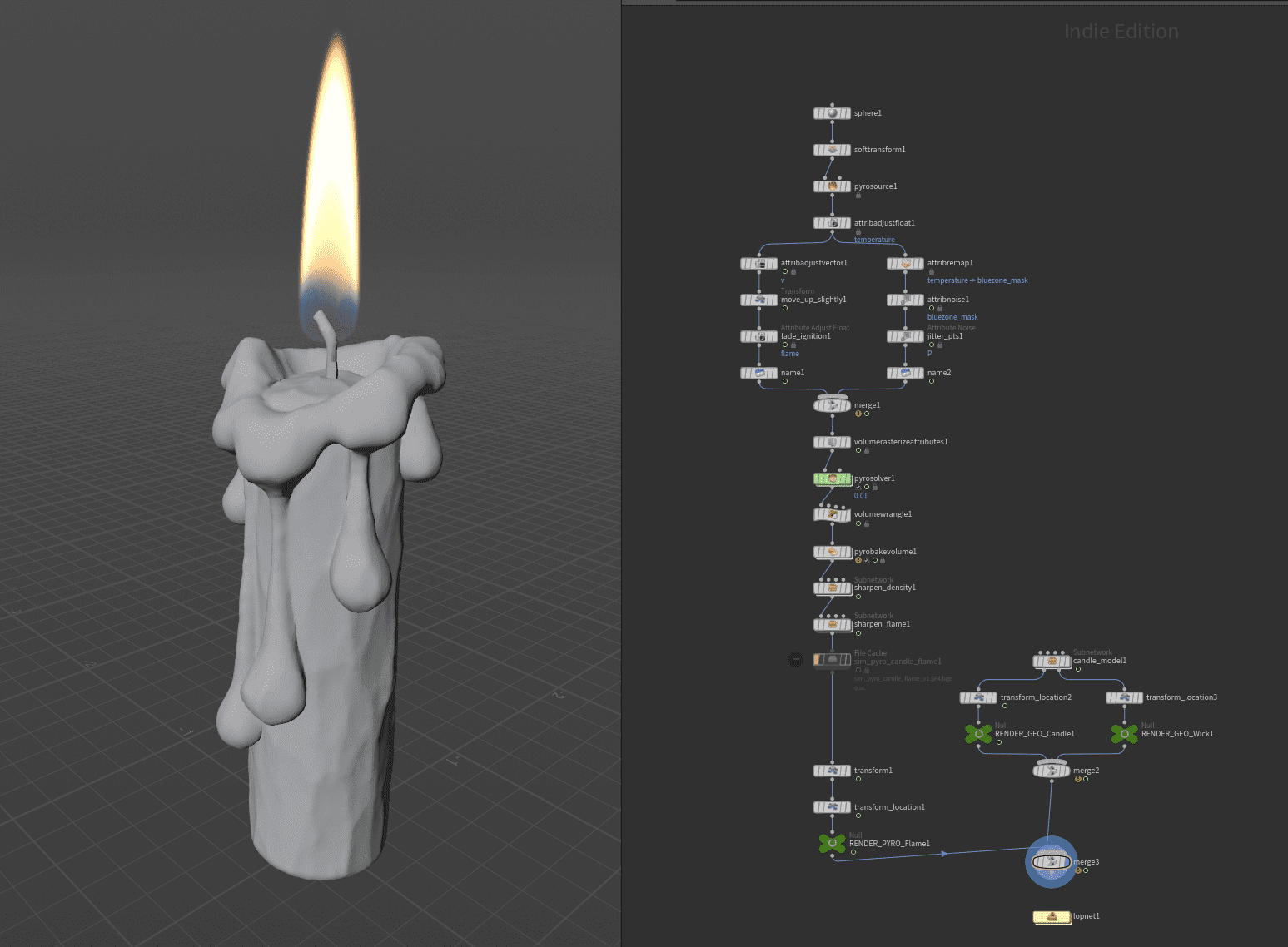 a realistic 3d rendering of a lit candle with wax dripping down its sides standing on a flat surface on the right a treelike diagram of associated nodes or elements likely from a digital modeling or animation software digital production A realistic 3D rendering of a lit candle with wax dripping down its sides, standing on a flat surface. On the right, a tree-like diagram of associated nodes or elements, likely from a digital modeling or animation software.