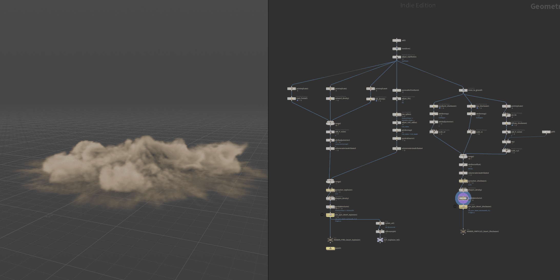 a realistic 3d rendering of a soft cloud formation on the left with a dark background featuring a grid on the right a network diagram displays interconnected nodes and lines showcasing a procedural geometry editor interface digital production A realistic 3D rendering of a soft cloud formation on the left, with a dark background featuring a grid. On the right, a network diagram displays interconnected nodes and lines, showcasing a procedural geometry editor interface.