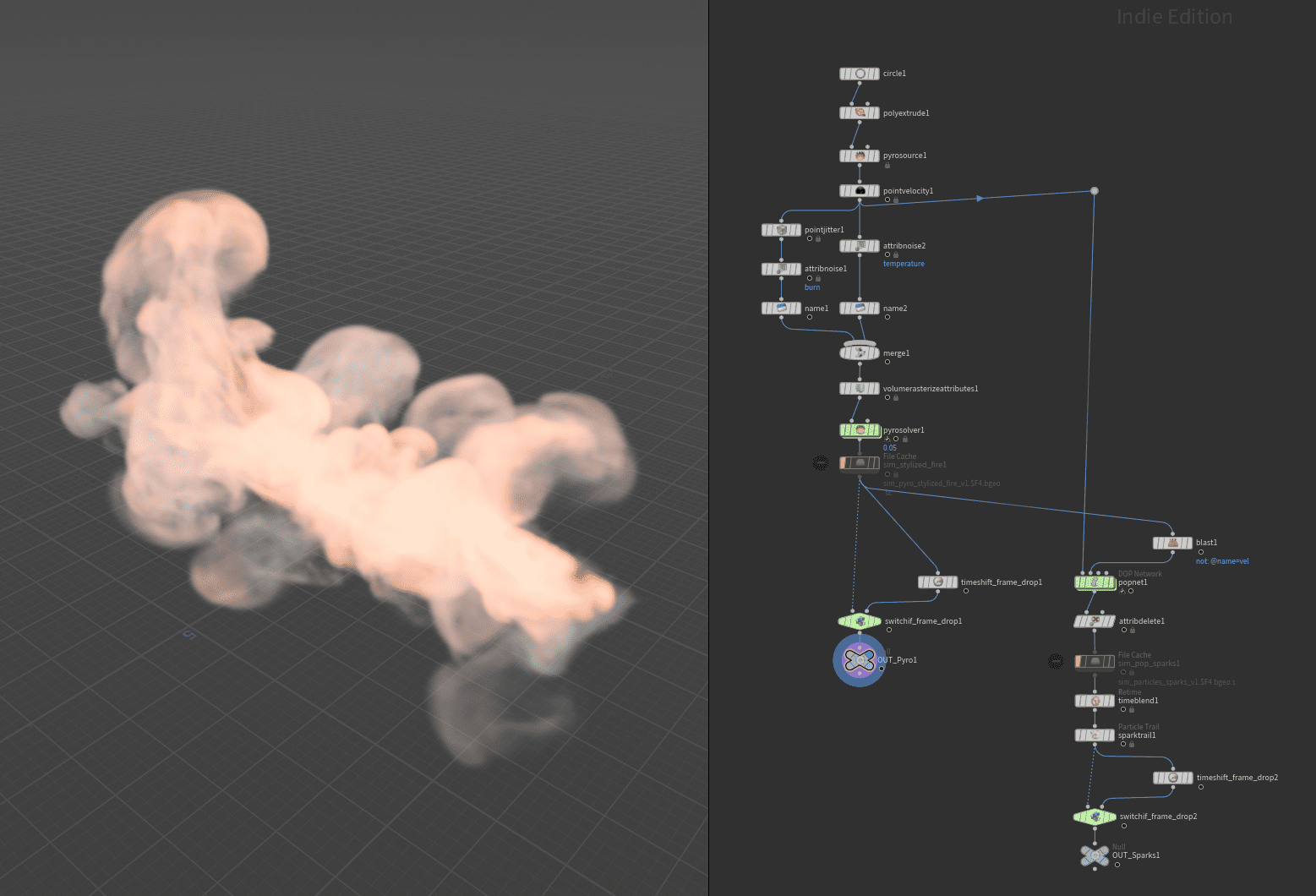 a 3d simulation of pinkish smoke billowing from the left side showcased against a digital grid background on the right a node editor interface displays a complex flowchart for manipulating the smoke effects highlighting various parameters and connections digital production A 3D simulation of pinkish smoke billowing from the left side, showcased against a digital grid background. On the right, a node editor interface displays a complex flowchart for manipulating the smoke effects, highlighting various parameters and connections.