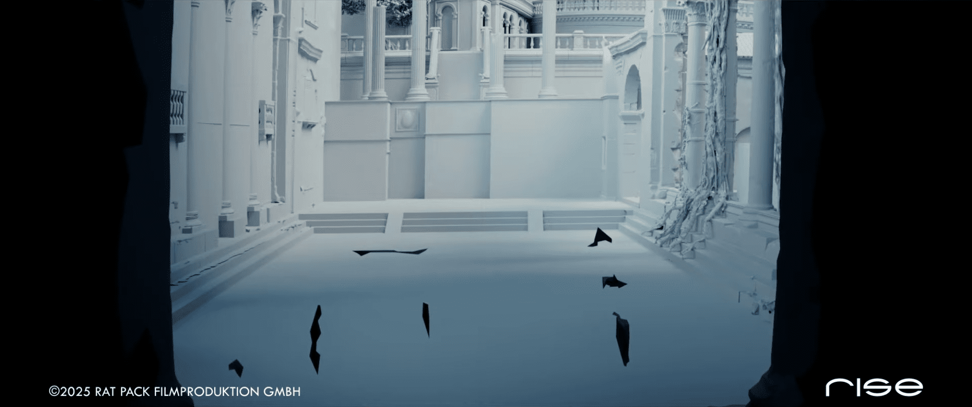 an empty architecturally detailed space with high arches and intricate columns partially in shadow showcasing a serene atmosphere the floor has scattered debris emphasizing a sense of abandonment or decay digital production An empty, architecturally detailed space with high arches and intricate columns, partially in shadow, showcasing a serene atmosphere. The floor has scattered debris, emphasizing a sense of abandonment or decay.