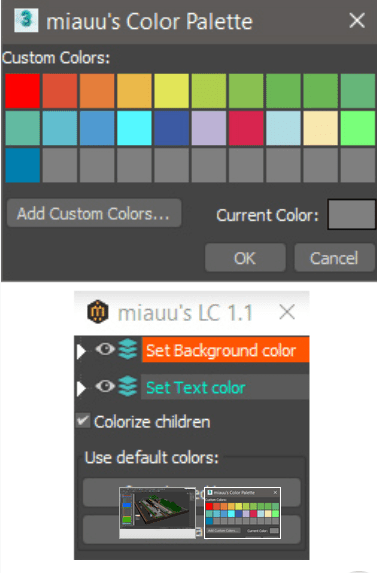 a computer interface displaying two color palette windows the top window shows a grid of color swatches labeled miauus color palette with buttons for adding custom colors the bottom window titled miauus lc 11 features options to set background and text colors colorize children and use default colors digital production A computer interface displaying two color palette windows. The top window shows a grid of color swatches labeled 'miauu's Color Palette' with buttons for adding custom colors. The bottom window, titled 'miauu's LC 1.1', features options to set background and text colors, colorize children, and use default colors.