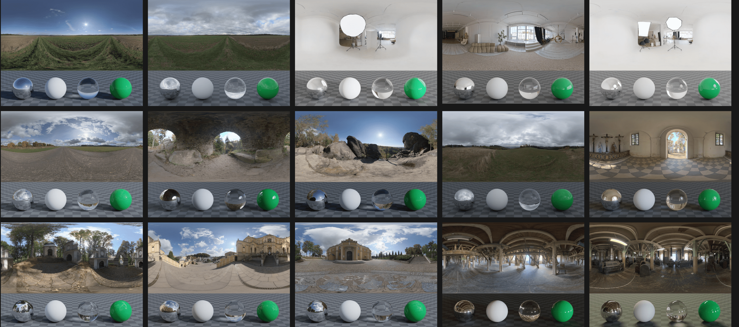 a grid of 12 panoramic images showcasing various environments including landscapes interiors and outdoor scenes each image is accompanied by colored spheres indicating lighting conditions arranged in three rows digital production A grid of 12 panoramic images showcasing various environments, including landscapes, interiors, and outdoor scenes. Each image is accompanied by colored spheres indicating lighting conditions, arranged in three rows.