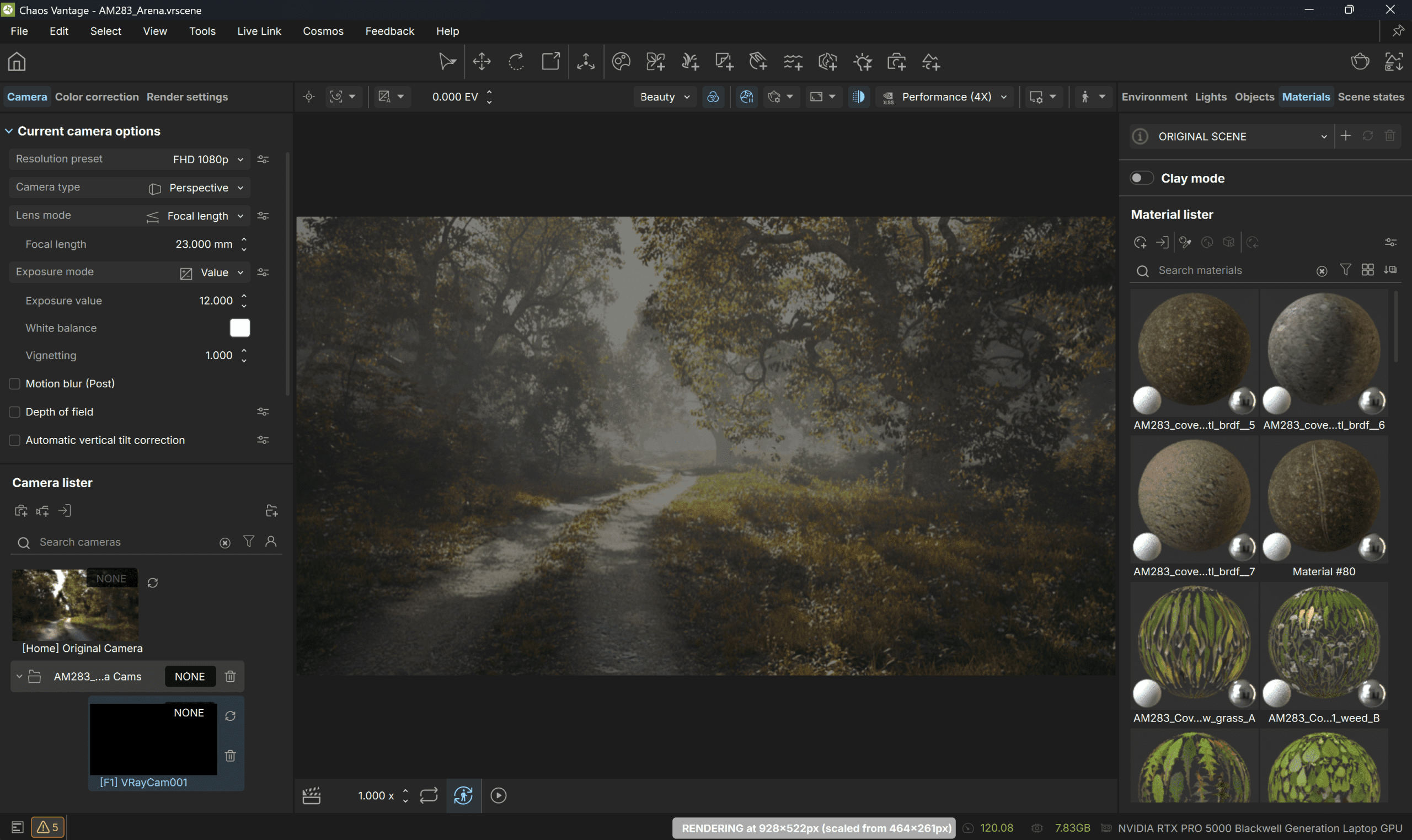 a digital scene displaying a foggy landscape with a winding dirt path surrounded by trees the image showcases texture options on the right side and camera settings on the left side indicating an editing interface digital production A digital scene displaying a foggy landscape with a winding dirt path surrounded by trees. The image showcases texture options on the right side and camera settings on the left side, indicating an editing interface.
