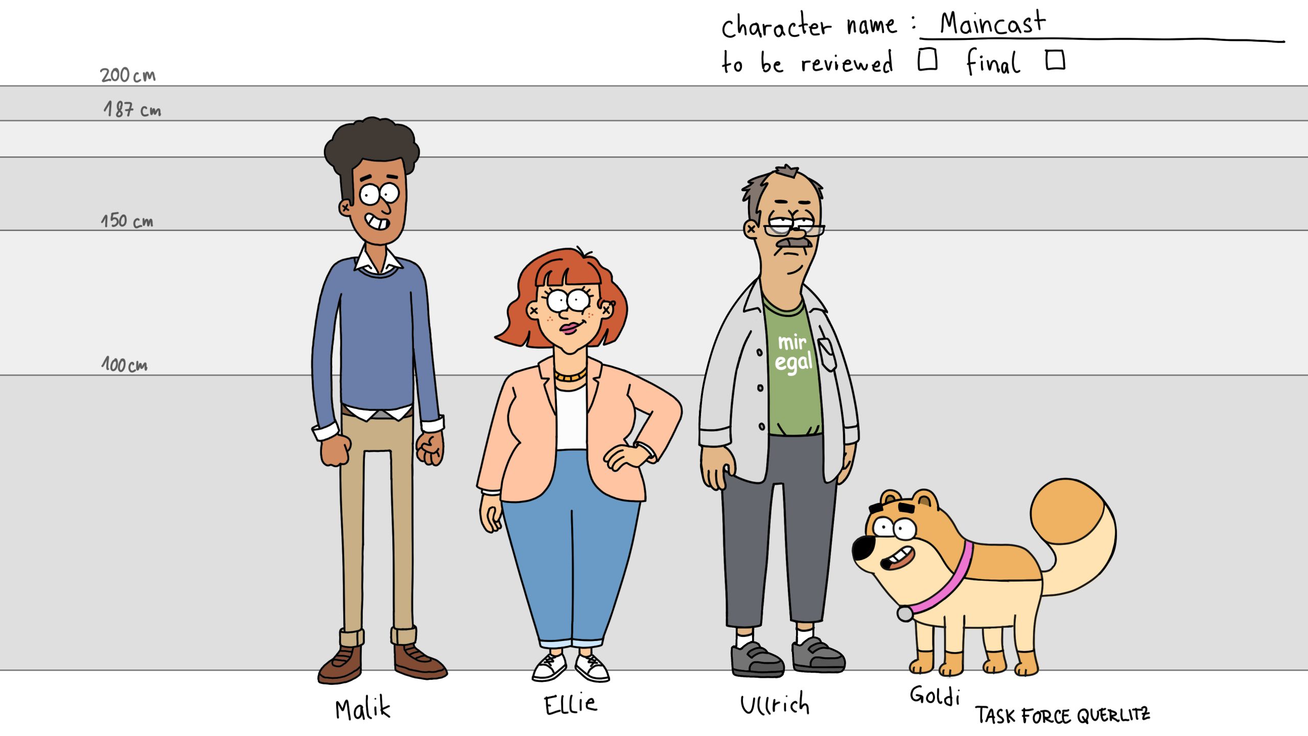four animated characters shown in a lineup for design reference from left to right a tall young man named malik with black hair a woman named ellie with red hair an older man named ulrich and a dog named goldi featuring a bushy tail and wearing a collar digital production Four animated characters shown in a lineup for design reference. From left to right: a tall young man named Malik with black hair, a woman named Ellie with red hair, an older man named Ulrich, and a dog named Goldi, featuring a bushy tail and wearing a collar.