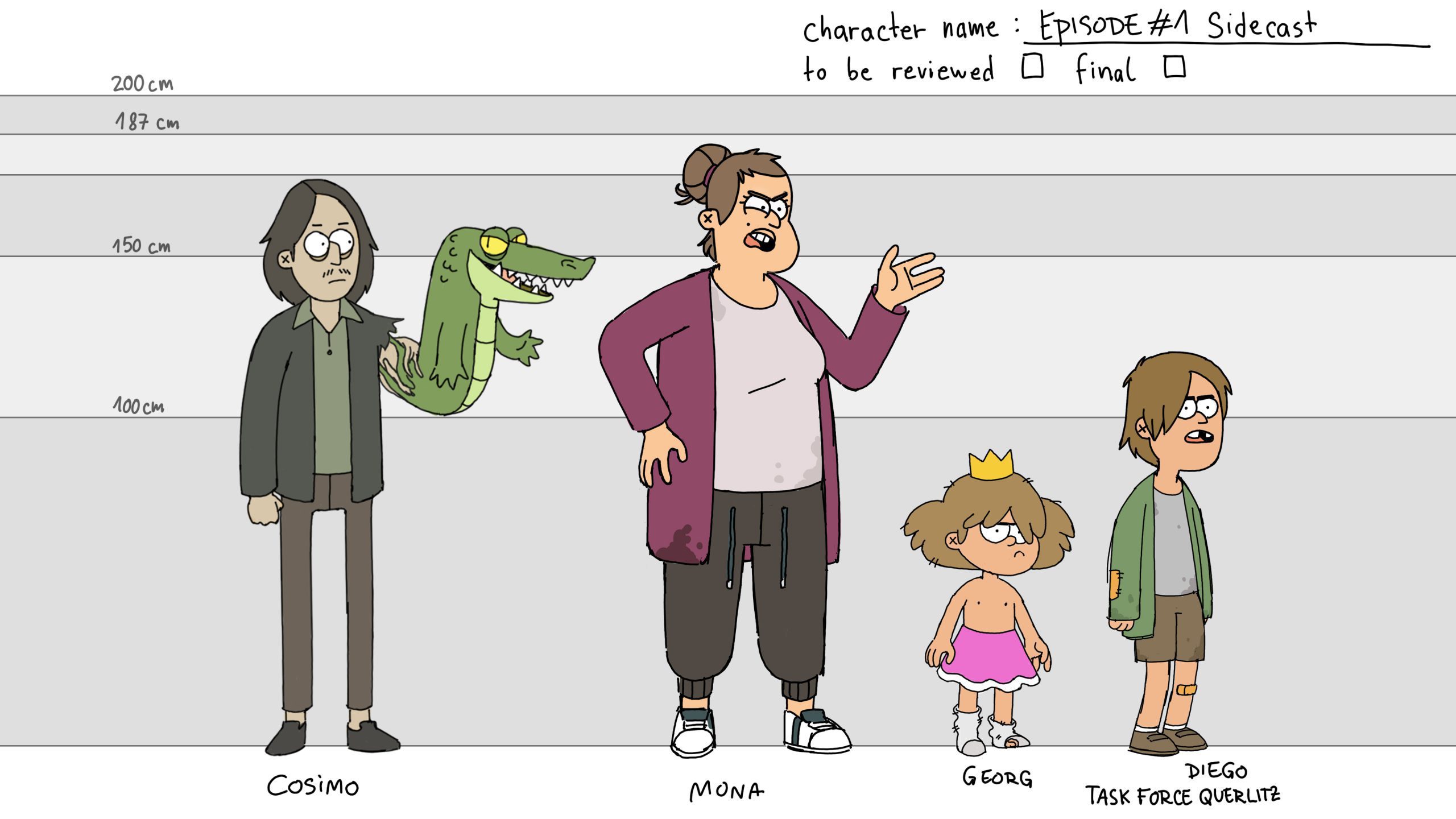 a character design sheet featuring four animated characters cosimo holding a toy crocodile mona with a stern expression georg wearing a pink crown and diego the characters are scaled by height with height measurements indicated beside them digital production A character design sheet featuring four animated characters: Cosimo, holding a toy crocodile, Mona, with a stern expression, Georg, wearing a pink crown, and Diego. The characters are scaled by height, with height measurements indicated beside them.