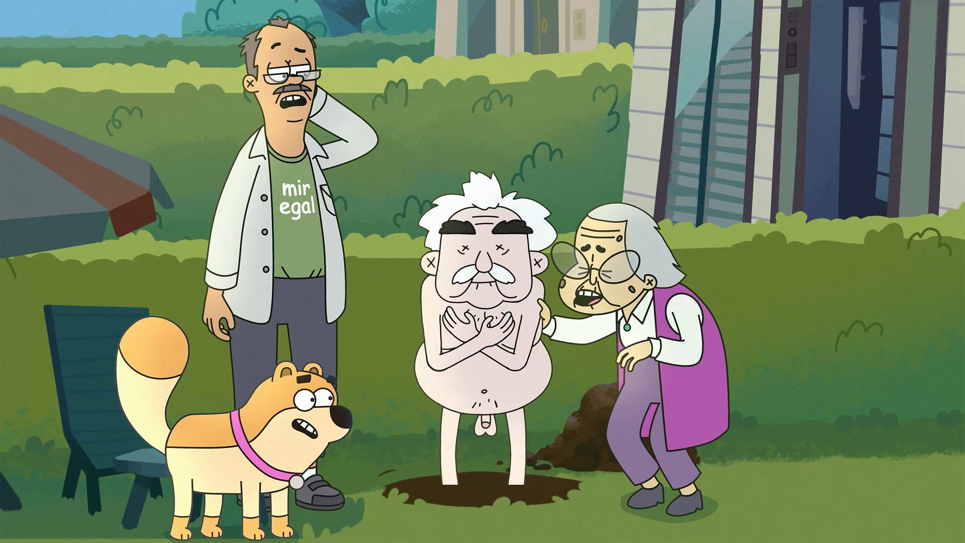 a cartoon scene depicting four characters outdoors two older men one partially nude in a comical pose and a woman looking concerned alongside a dog they appear surprised in a residential yard digital production A cartoon scene depicting four characters outdoors: two older men, one partially nude in a comical pose, and a woman looking concerned, alongside a dog. They appear surprised in a residential yard.
