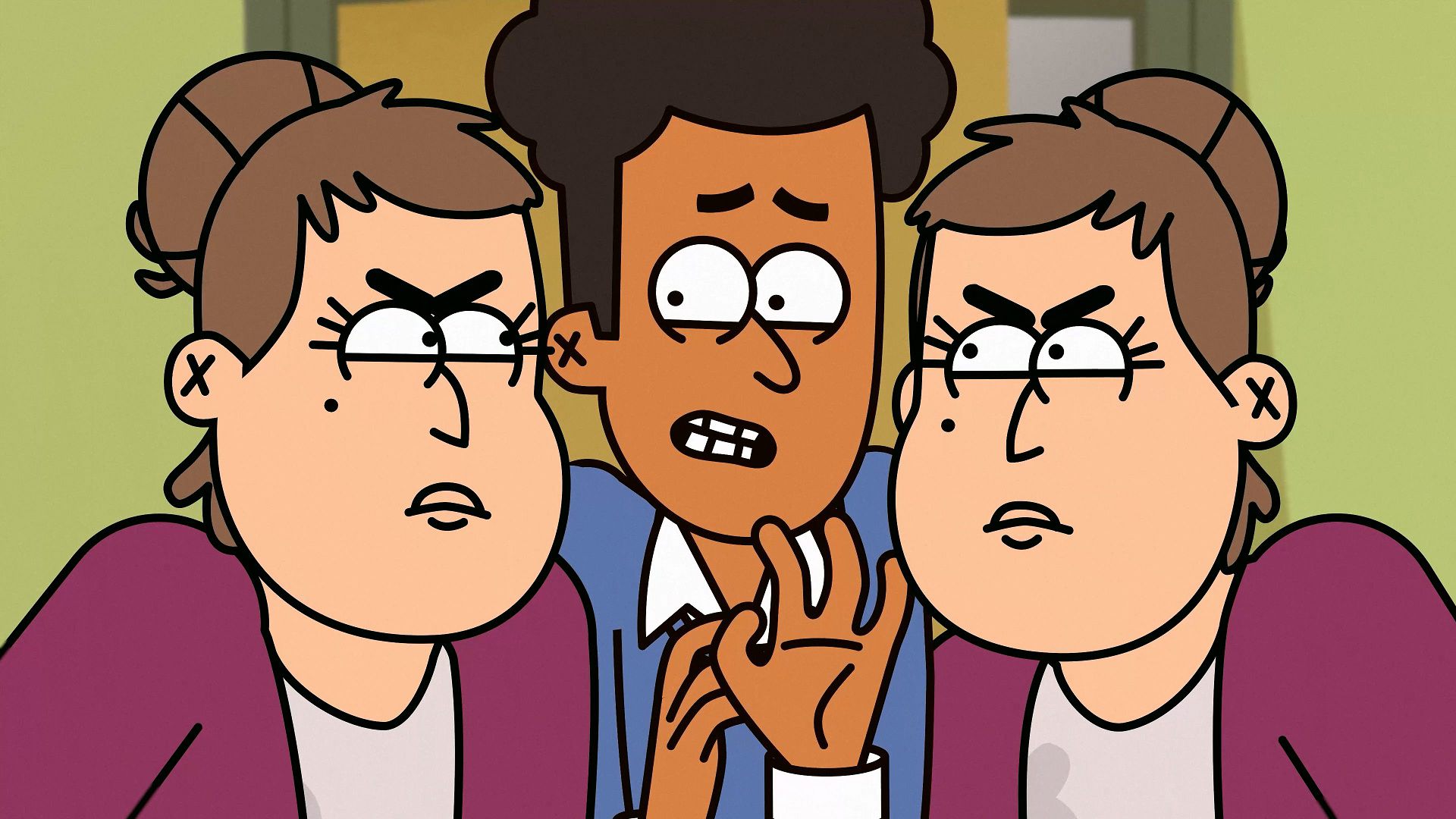 an animated scene featuring a nervous young man in a suit flanked by two identical sternlooking women with braided hair and cross expressions against a simple background digital production An animated scene featuring a nervous young man in a suit, flanked by two identical stern-looking women with braided hair and cross expressions, against a simple background.