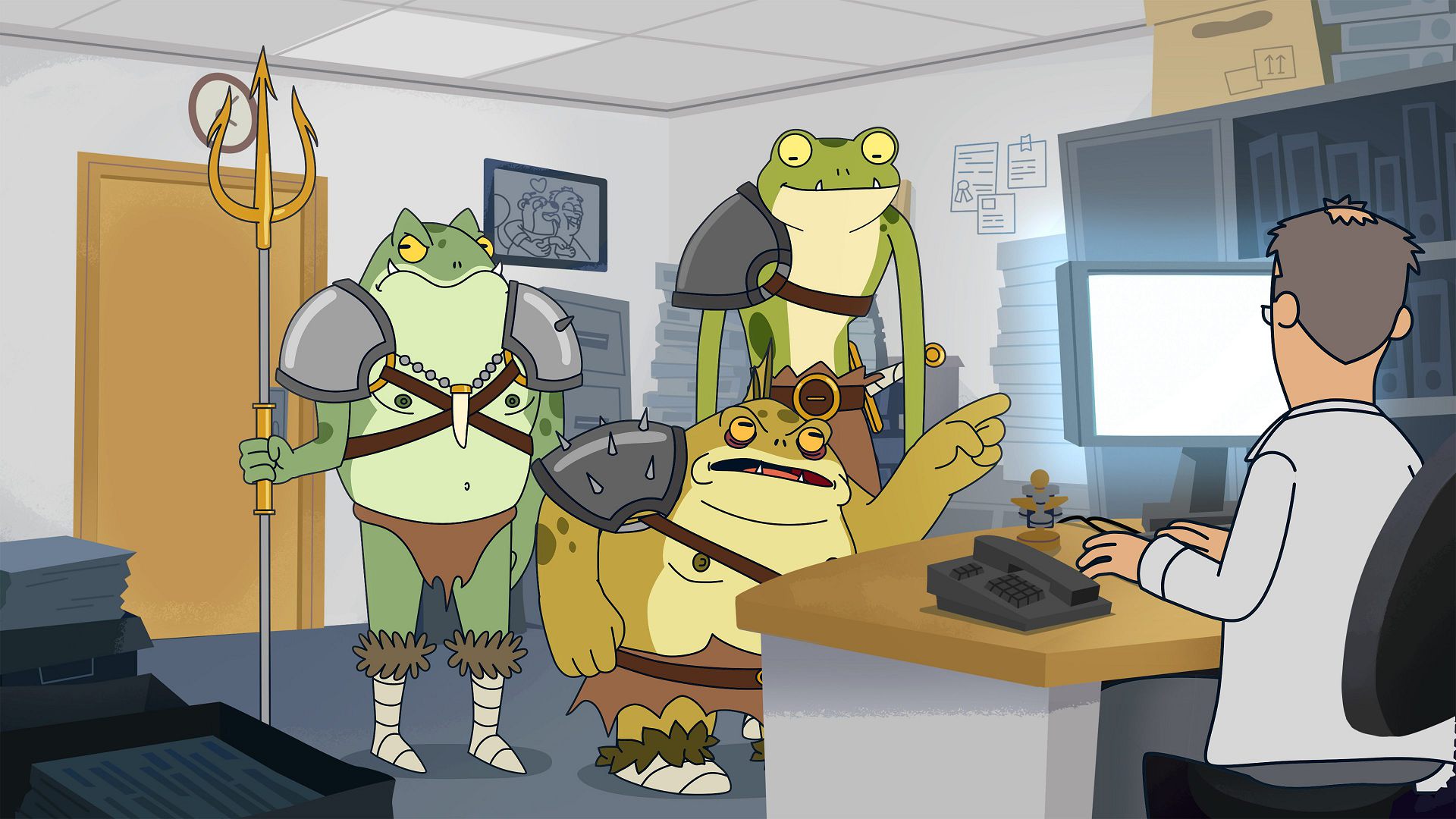 three animated frog characters dressed in armor and wielding weapons stand in an office facing a seated man in a white shirt at a desk one frog points while the others look on creating a humorous and surreal office scene digital production Three animated frog characters dressed in armor and wielding weapons stand in an office, facing a seated man in a white shirt at a desk. One frog points while the others look on, creating a humorous and surreal office scene.