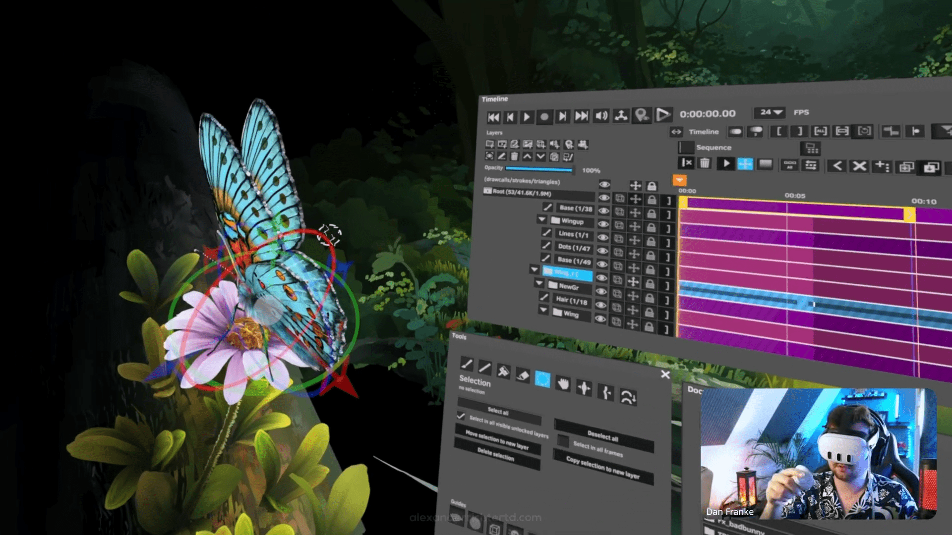 a colorful blue butterfly with large wings perched on a pink flower surrounded by greenery in the foreground a digital interface displays animation tools while a person wearing a virtual reality headset is shown in a small frame digital production A colorful blue butterfly with large wings perched on a pink flower surrounded by greenery. In the foreground, a digital interface displays animation tools, while a person wearing a virtual reality headset is shown in a small frame.