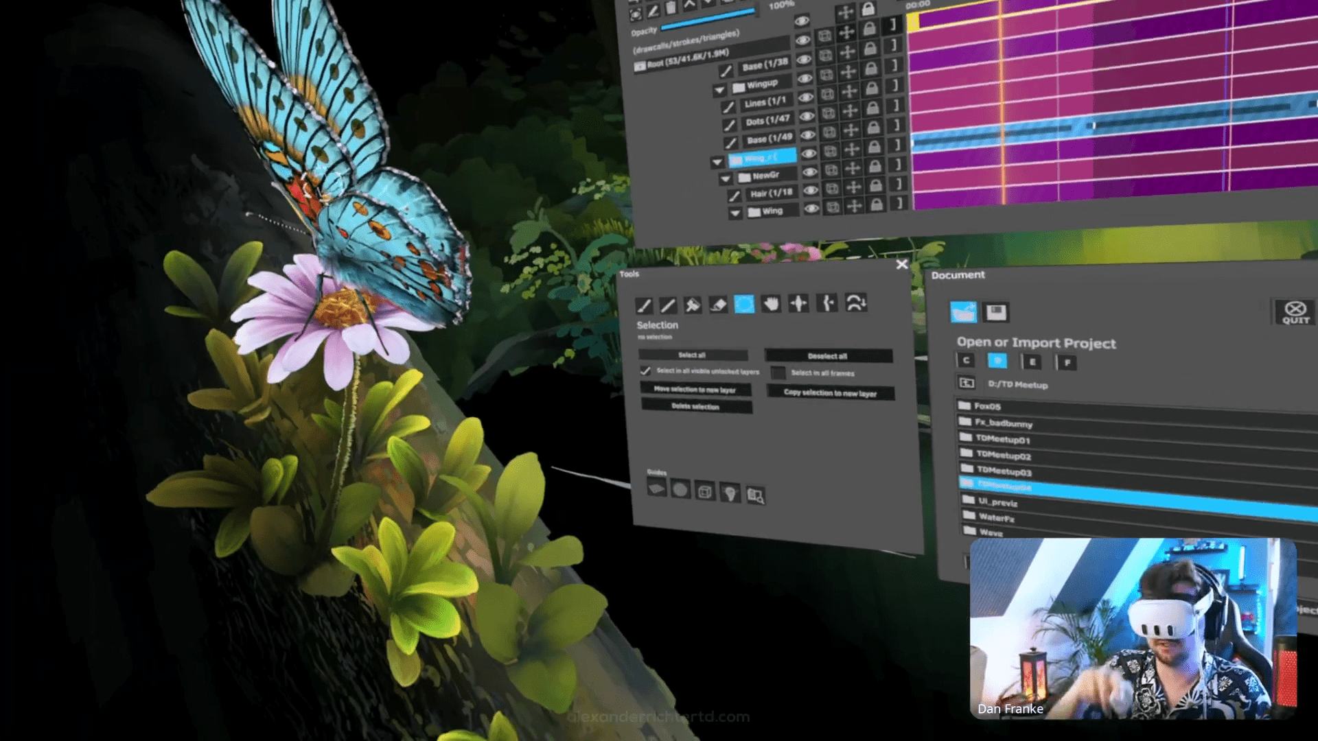 a vibrant blue butterfly perched on a pink flower surrounded by green foliage in the background various digital editing tools are displayed on a screen while a person wearing a vr headset is visible in a window interacting with the software digital production A vibrant blue butterfly perched on a pink flower, surrounded by green foliage. In the background, various digital editing tools are displayed on a screen, while a person wearing a VR headset is visible in a window, interacting with the software.