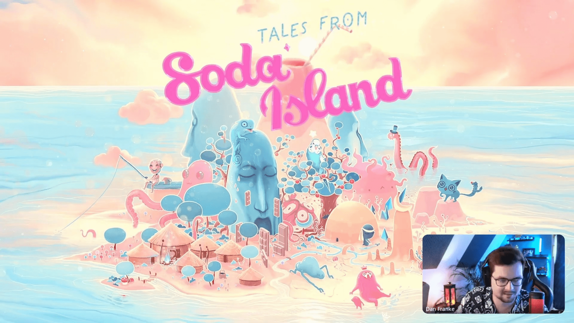 a vibrant animated scene of soda island with whimsical creatures trees and colorful islands set against a pastel sky the title tales from soda island is prominently displayed in pink a man in a headset is visible in a small corner engaging with the scene digital production A vibrant, animated scene of Soda Island with whimsical creatures, trees, and colorful islands, set against a pastel sky. The title "Tales From Soda Island" is prominently displayed in pink. A man in a headset is visible in a small corner, engaging with the scene.