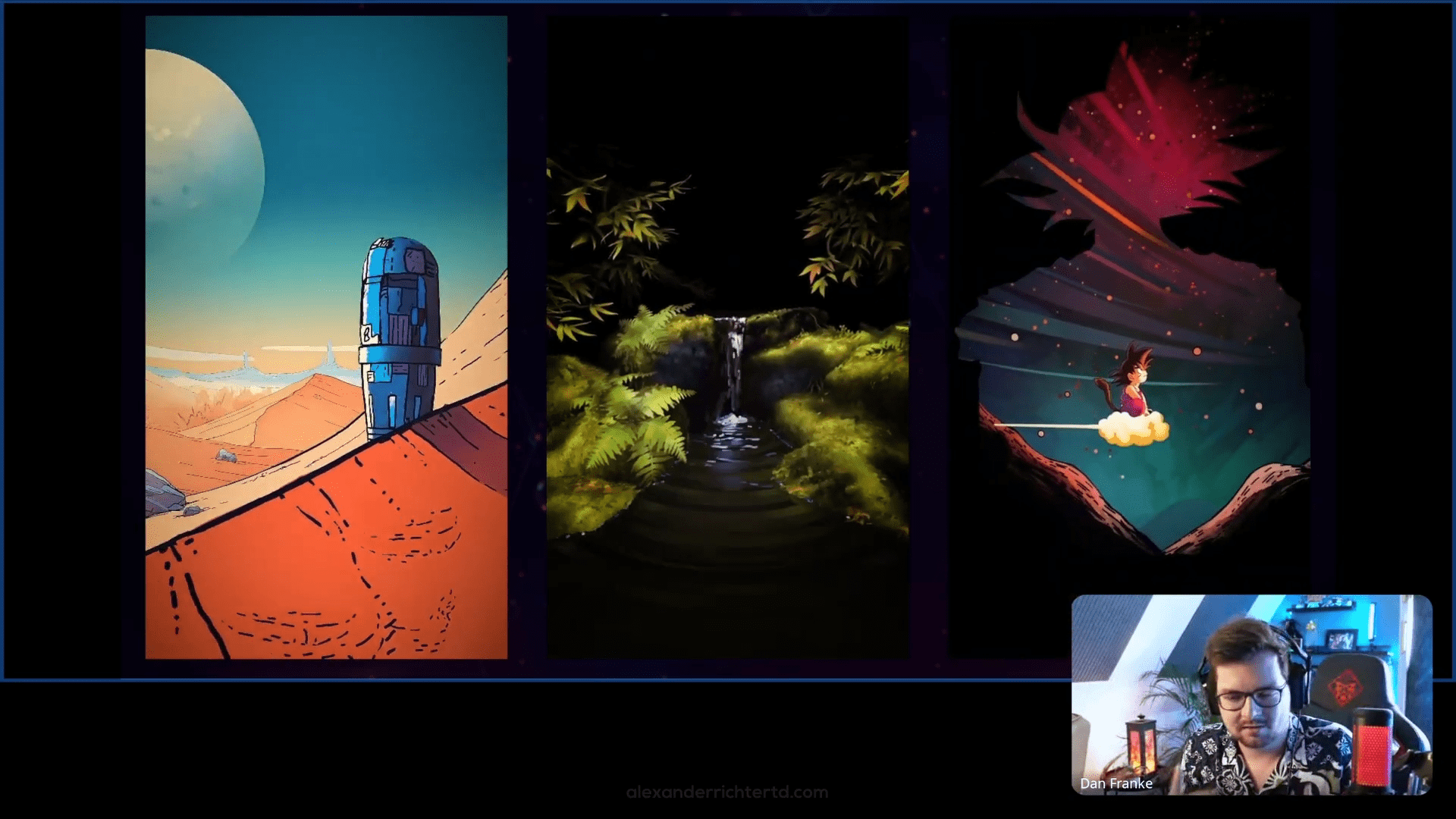 a digital artwork display featuring three panels the left shows a futuristic tower on a desert landscape under a blue sky the center depicts a serene waterfall surrounded by lush greenery and the right illustrates an imaginative scene with a figure in a flowing gown amidst swirling colors digital production A digital artwork display featuring three panels: the left shows a futuristic tower on a desert landscape under a blue sky, the center depicts a serene waterfall surrounded by lush greenery, and the right illustrates an imaginative scene with a figure in a flowing gown amidst swirling colors.