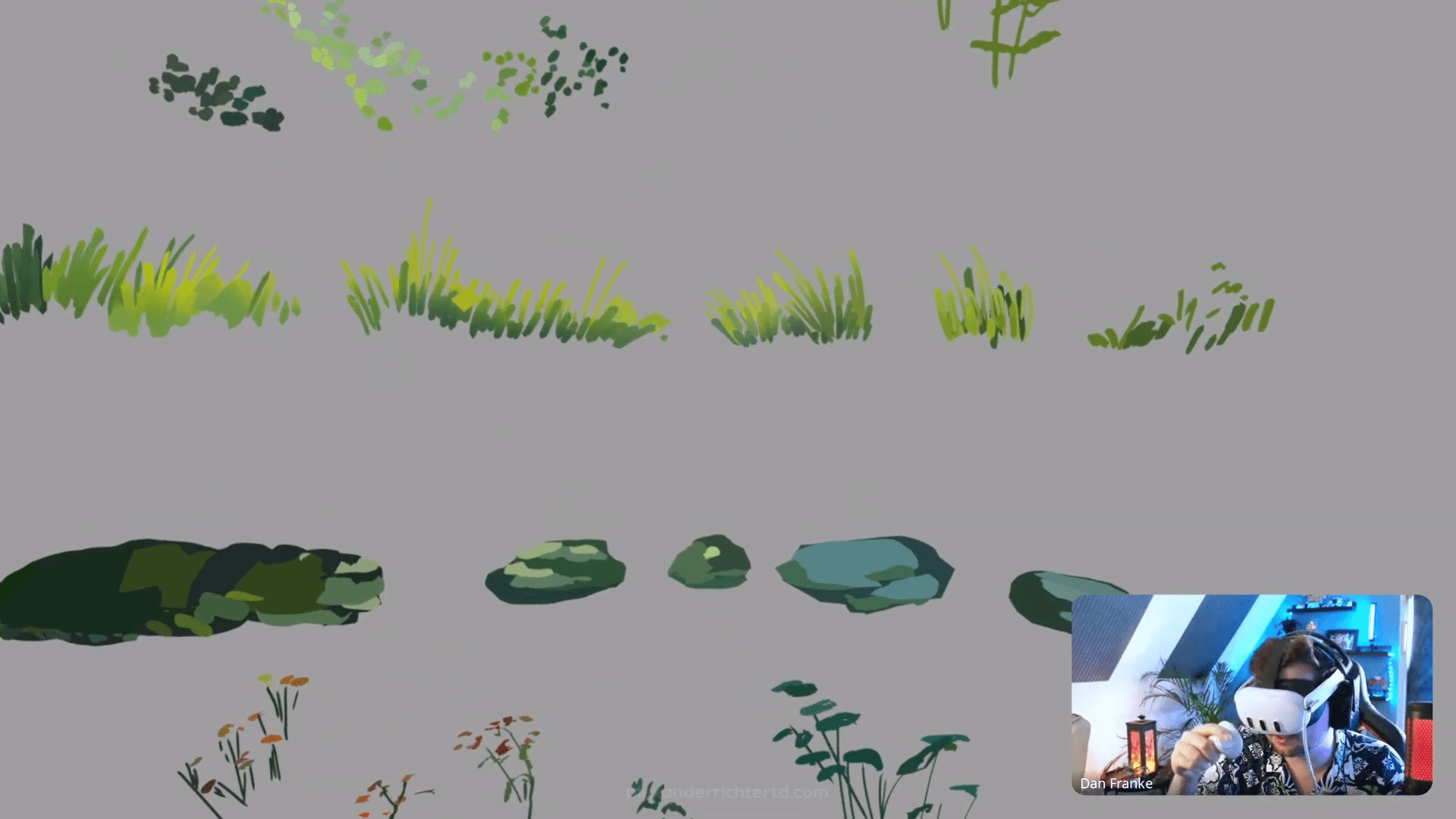 a digital painting showcasing various shades of green grass rocks and small wildflowers on a gray background in the corner a small window reveals a person wearing a headset engaged in a creative activity digital production A digital painting showcasing various shades of green grass, rocks, and small wildflowers on a gray background. In the corner, a small window reveals a person wearing a headset, engaged in a creative activity.