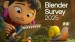 A young animated character with dark hair and pink earrings smiles while holding a sketchbook, observing a friendly snail with a yellow shell in a vibrant forest setting. Text on the side reads "Blender Survey 2025."
