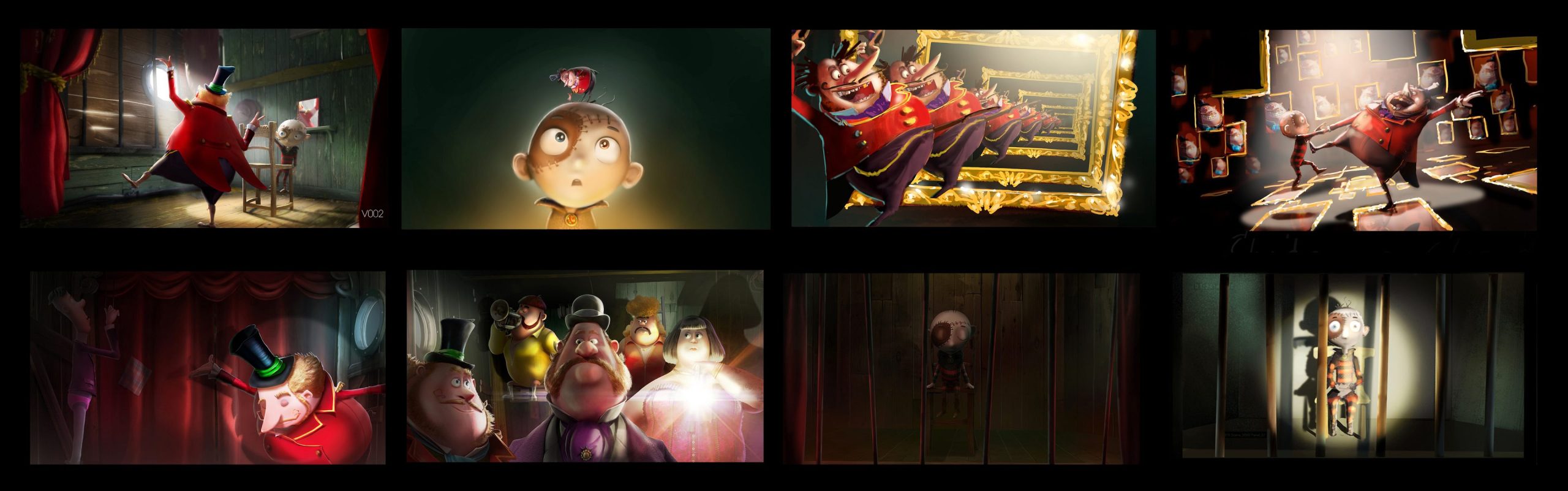 a collage of animated scenes featuring whimsical characters the top row displays a magician in a red cape a curious child and performers in vibrant costumes the bottom row features surprised onlookers and a character behind a curtain all in a theatrical setting digital production A collage of animated scenes featuring whimsical characters. The top row displays a magician in a red cape, a curious child, and performers in vibrant costumes. The bottom row features surprised onlookers and a character behind a curtain, all in a theatrical setting.