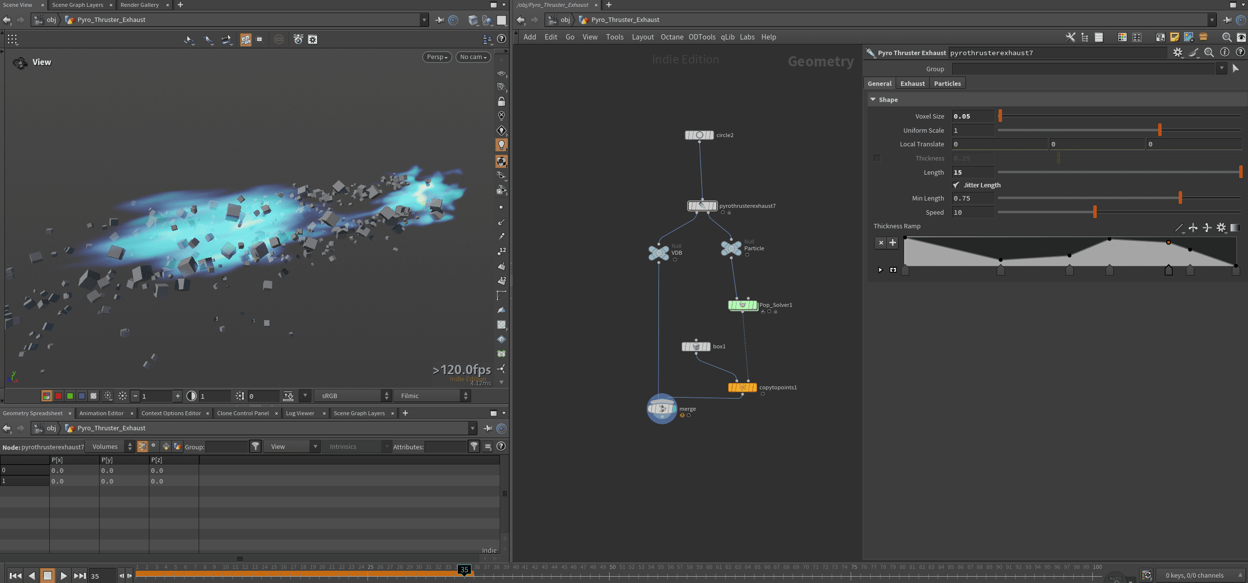 a software interface displaying a 3d simulation scene on the left featuring glowing blue particles and scattered rocks with a node graph on the right showcasing geometry settings and animation parameters digital production A software interface displaying a 3D simulation scene on the left, featuring glowing blue particles and scattered rocks, with a node graph on the right showcasing geometry settings and animation parameters.