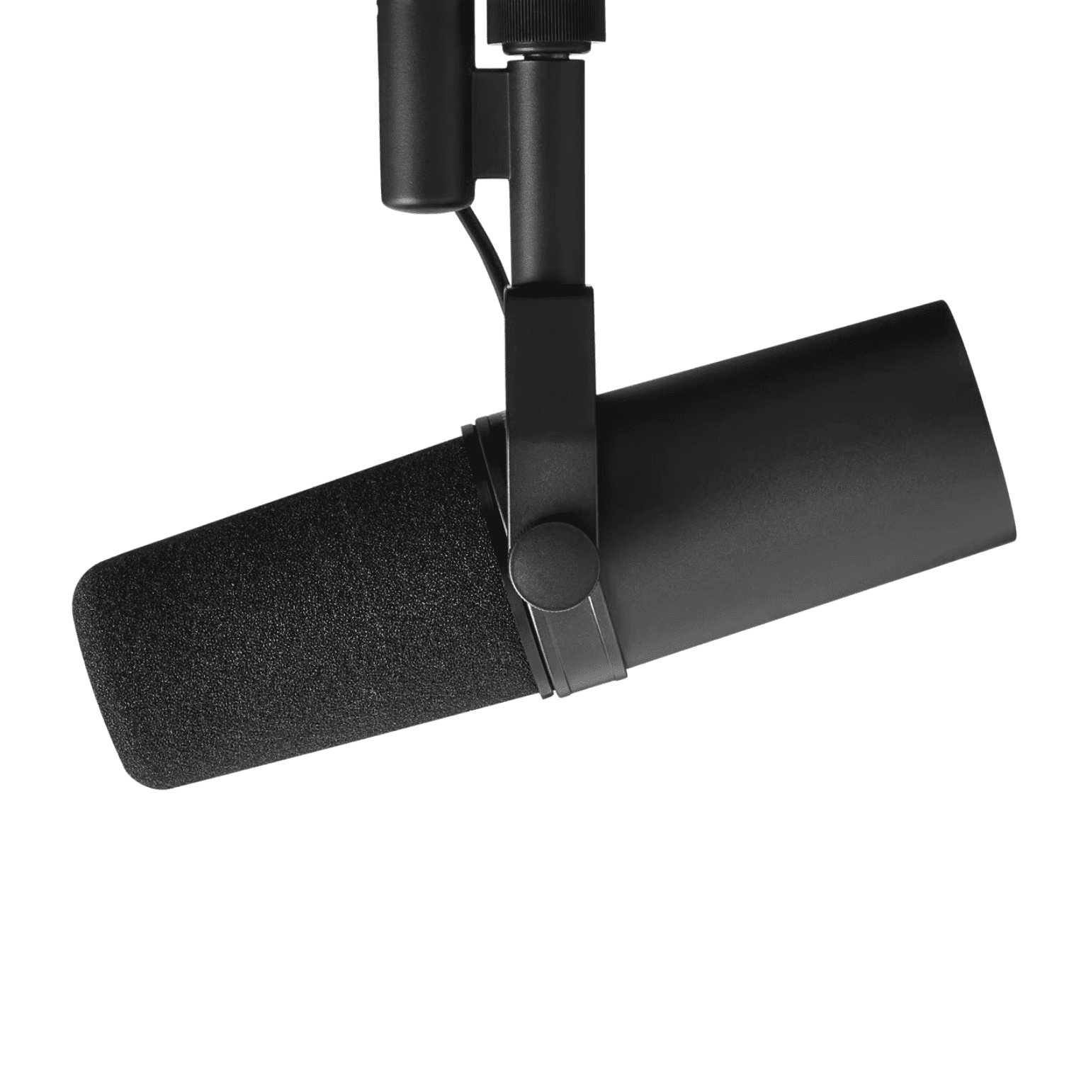 a closeup view of a black microphone attached to a microphone stand featuring a textured foam windscreen at the front designed for recording and broadcasting purposes digital production A close-up view of a black microphone attached to a microphone stand, featuring a textured foam windscreen at the front, designed for recording and broadcasting purposes.