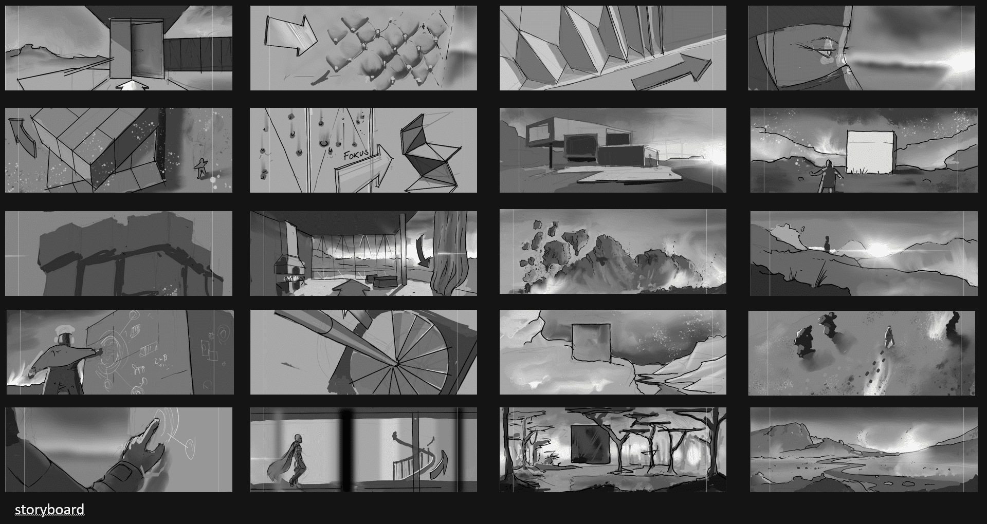 a black and white storyboard featuring a sequence of 16 panels showcasing various artistic sketches geometric shapes abstract forms landscapes and characters in different action scenarios each panel portrays dynamic scenes with energy and movement digital production A black and white storyboard featuring a sequence of 16 panels, showcasing various artistic sketches, geometric shapes, abstract forms, landscapes, and characters in different action scenarios. Each panel portrays dynamic scenes with energy and movement.