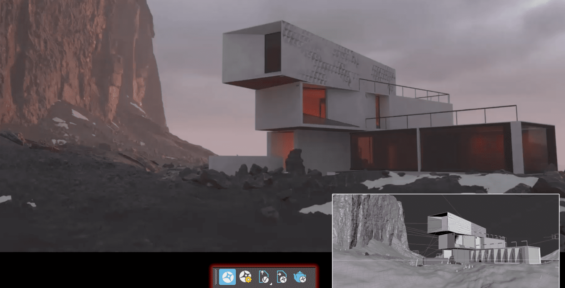 a modern multilevel house with large windows and geometric design set against a dramatic rocky landscape at dusk an inset shows a grayscale rendering of the same structure highlighting its architectural features digital production A modern, multi-level house with large windows and geometric design, set against a dramatic rocky landscape at dusk. An inset shows a gray-scale rendering of the same structure, highlighting its architectural features.