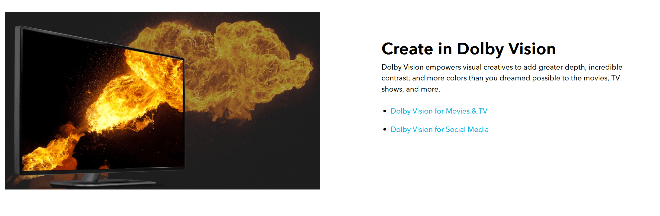 a large television displaying a vibrant explosion of flames against a dark background promoting dolby vision technology for enhanced visual creativity in movies and tv digital production A large television displaying a vibrant explosion of flames against a dark background, promoting Dolby Vision technology for enhanced visual creativity in movies and TV.