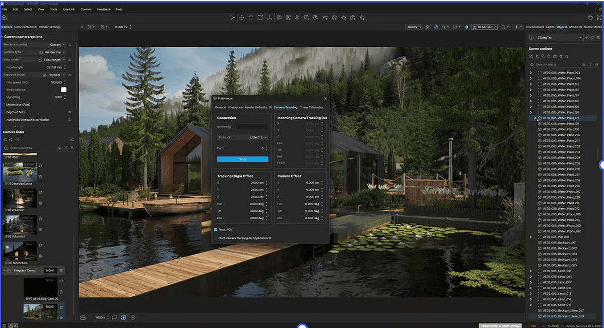 a scenic view of a tranquil lakeside setting with wooden structures and lush green trees a floating dock extends into the calm water with lily pads visible the interface of a software application is shown on the screen displaying settings and image processing details digital production A scenic view of a tranquil lakeside setting with wooden structures and lush green trees. A floating dock extends into the calm water, with lily pads visible. The interface of a software application is shown on the screen, displaying settings and image processing details.