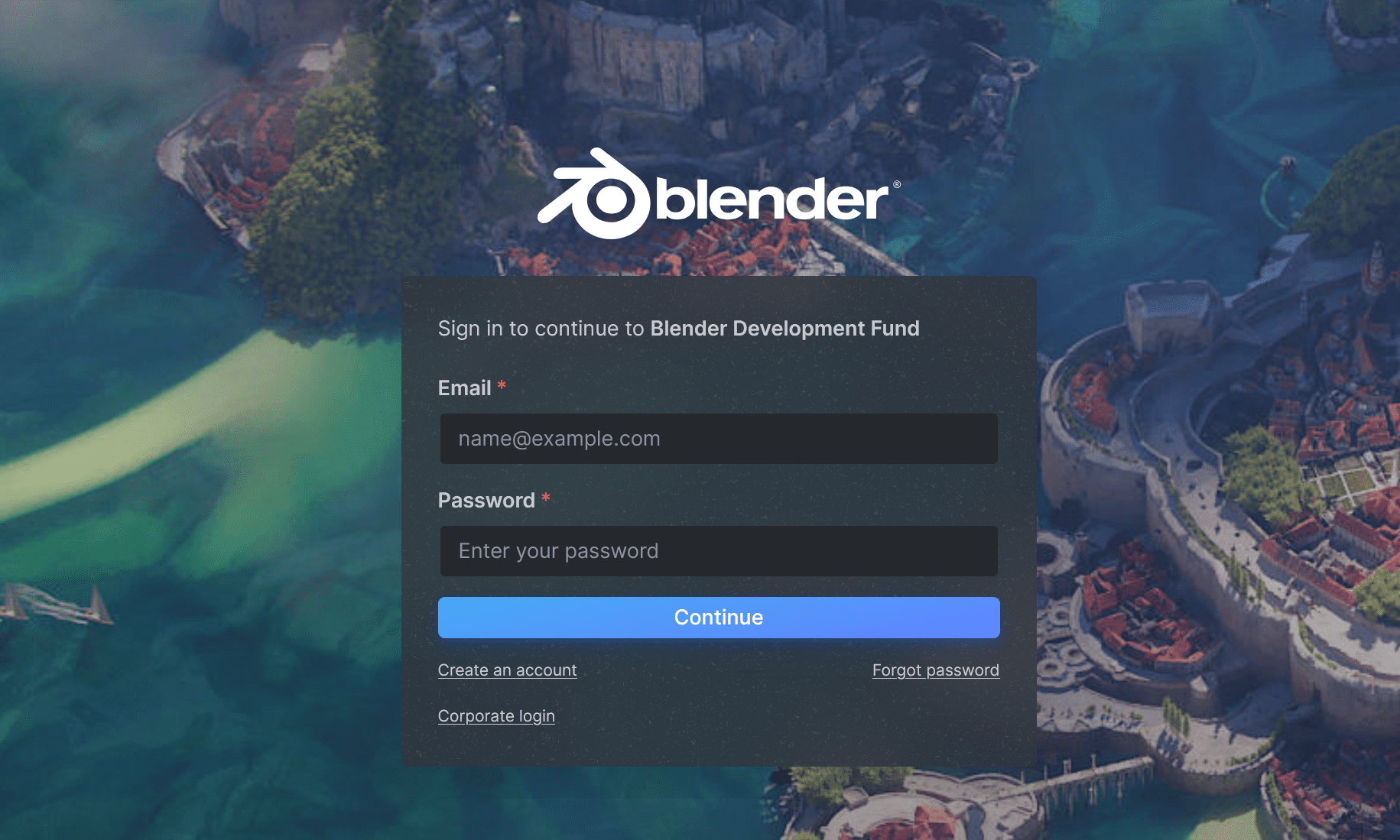 login interface for the blender development fund featuring a dark overlay with fields for email and password the background displays a vibrant landscape with blue water and a scenic town emphasizing a digital art theme digital production Login interface for the Blender Development Fund, featuring a dark overlay with fields for email and password. The background displays a vibrant landscape with blue water and a scenic town, emphasizing a digital art theme.