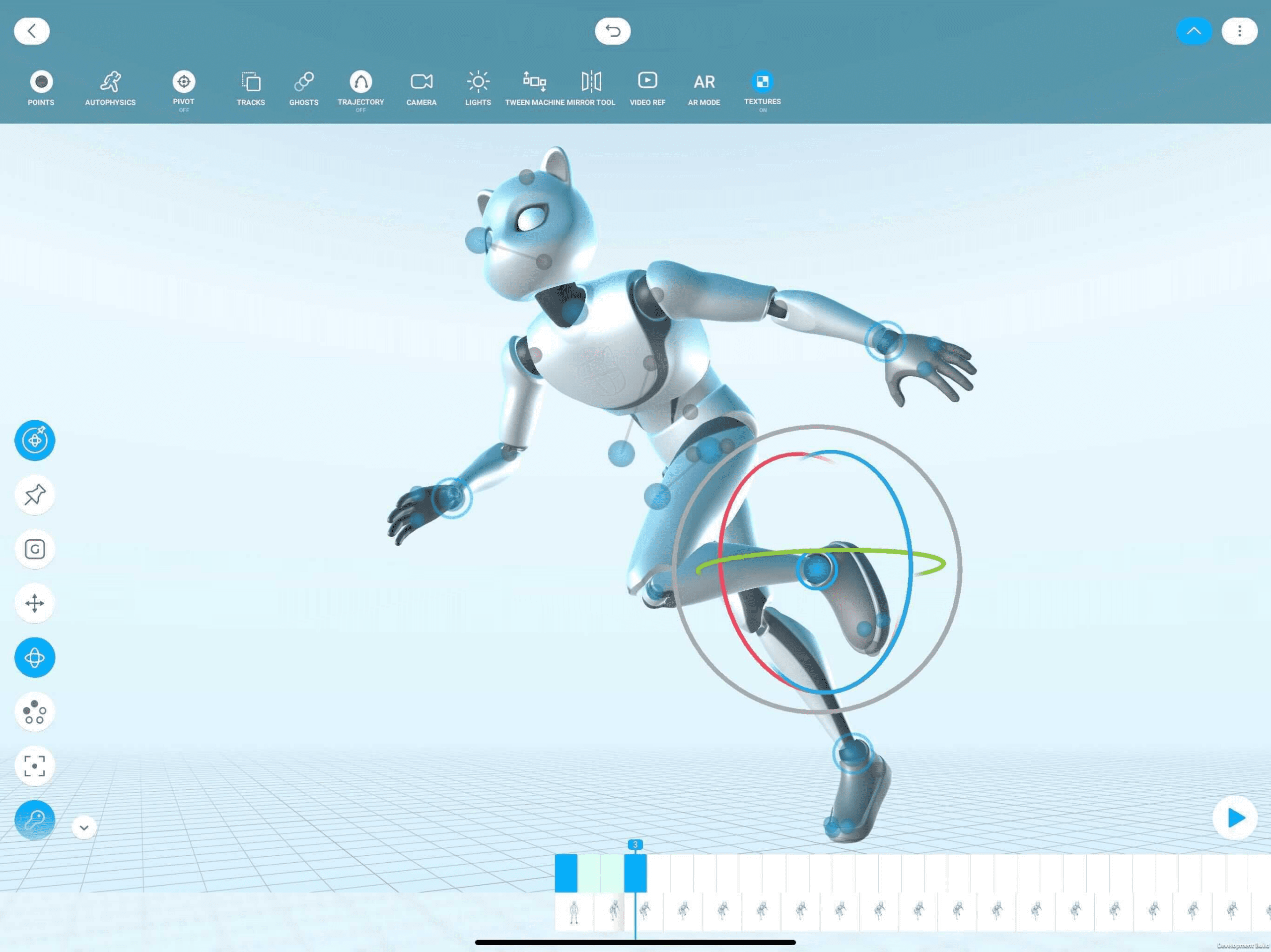 a blue and white humanoid robot model is depicted in a dynamic running pose the robots joints are highlighted with circular nodes and the background features a light grid pattern indicating a digital environment digital production A blue and white humanoid robot model is depicted in a dynamic running pose. The robot's joints are highlighted with circular nodes, and the background features a light grid pattern, indicating a digital environment.