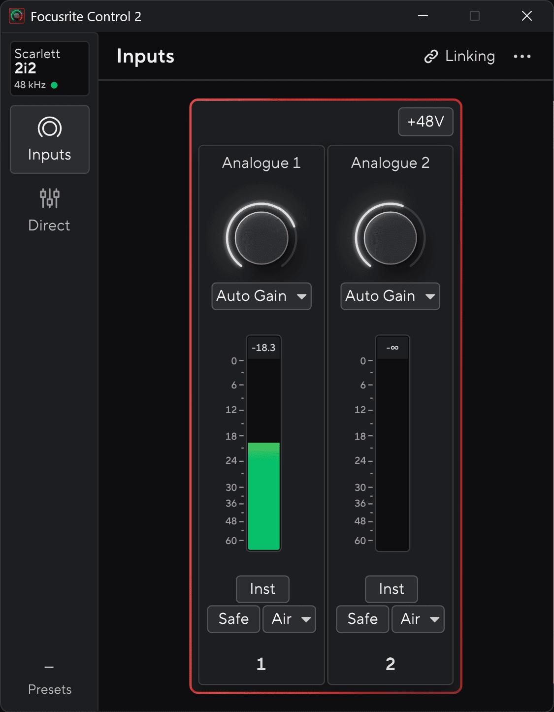 a screenshot of the focusrite control 2 interface displaying inputs for a scarlett audio interface two analog input channels are visible each with gain controls level meters and options for inst safe and air settings digital production A screenshot of the Focusrite Control 2 interface displaying inputs for a Scarlett audio interface. Two analog input channels are visible, each with gain controls, level meters, and options for 'Inst', 'Safe', and 'Air' settings.