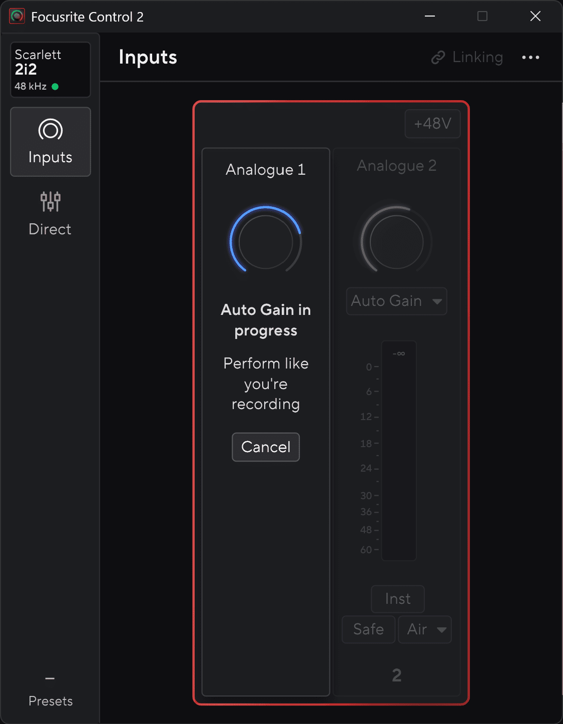 a screenshot of the focusrite control 2 software interface it displays input settings for a scarlett 2i2 device with an active auto gain feature for analogue 1 a circular control knob and a progress message prompting the user to perform digital production A screenshot of the Focusrite Control 2 software interface. It displays input settings for a Scarlett 2i2 device, with an active Auto Gain feature for Analogue 1, a circular control knob, and a progress message prompting the user to perform.