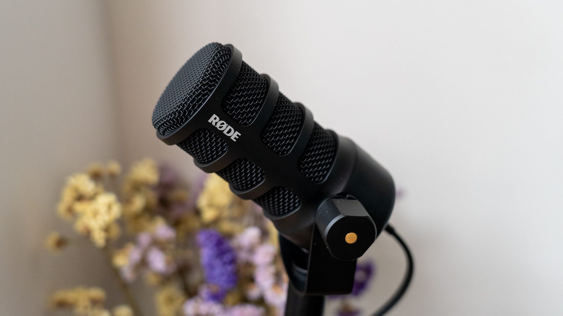 a closeup of a black rode microphone on a stand with a blurred background of dried flowers in shades of purple and yellow showcasing a modern and artistic setting digital production A close-up of a black Rode microphone on a stand, with a blurred background of dried flowers in shades of purple and yellow, showcasing a modern and artistic setting.
