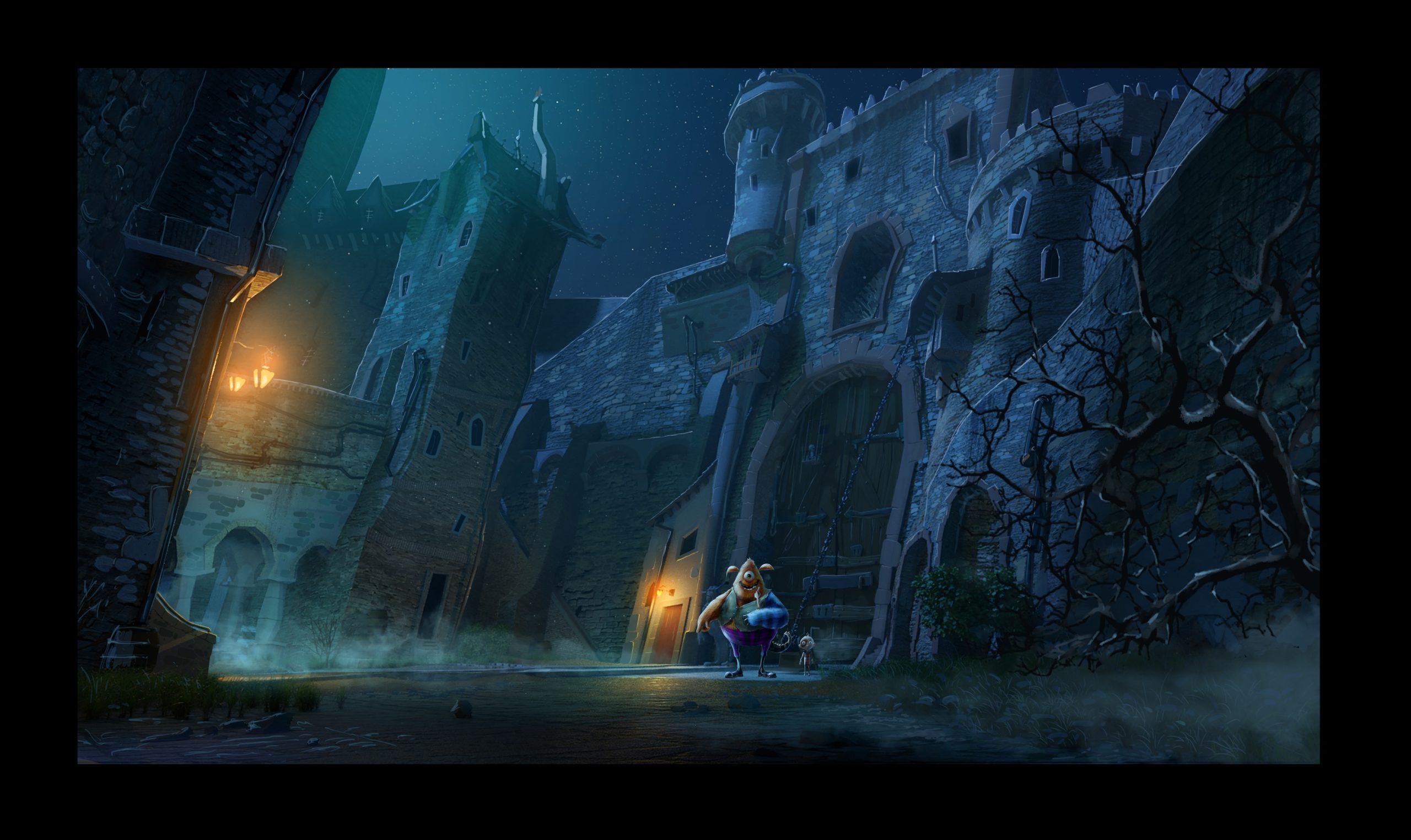 a mysterious enchanted castle illuminated by moonlight featuring turrets and stone walls a lone figure stands in the courtyard holding a lantern surrounded by fog and dark twisted trees digital production A mysterious, enchanted castle illuminated by moonlight, featuring turrets and stone walls. A lone figure stands in the courtyard, holding a lantern, surrounded by fog and dark, twisted trees.