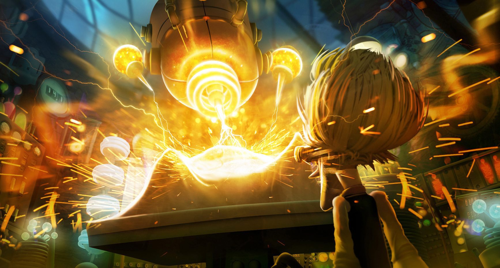 a young inventor stands in a vibrant laboratory observing a glowing machine that emits sparks and bright energy the scene is filled with colorful lights and intricate machinery creating an atmosphere of excitement and innovation digital production A young inventor stands in a vibrant laboratory, observing a glowing machine that emits sparks and bright energy. The scene is filled with colorful lights and intricate machinery, creating an atmosphere of excitement and innovation.