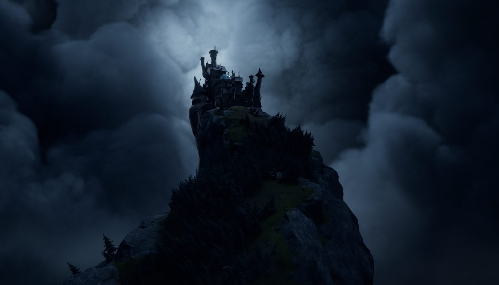 a dark ominous landscape featuring a rocky cliff topped with a mysterious castle thick clouds swirl around casting shadows and creating a foreboding atmosphere digital production A dark, ominous landscape featuring a rocky cliff topped with a mysterious castle. Thick clouds swirl around, casting shadows and creating a foreboding atmosphere.