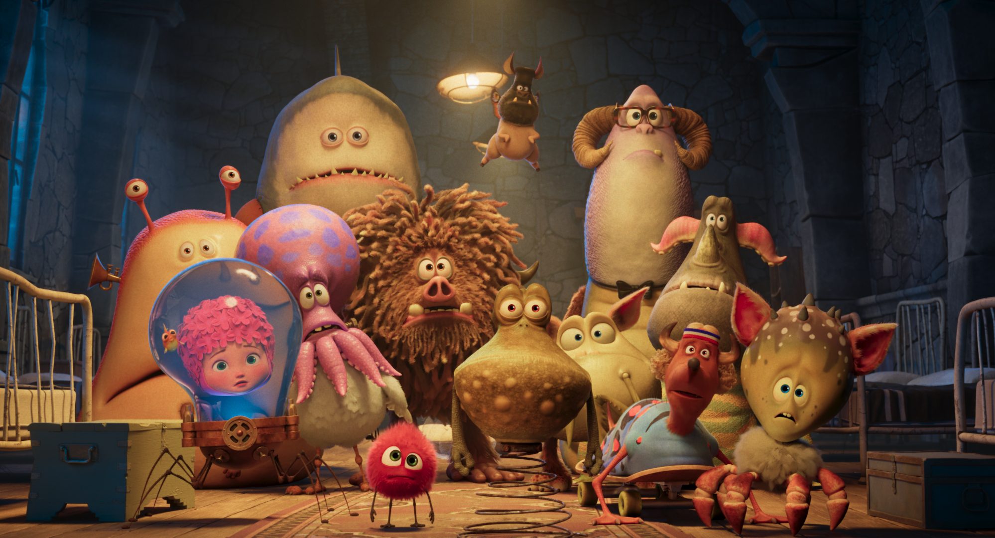 a colorful group of animated creatures poses together in a dimly lit room various shapes and sizes are represented including a pink round creature in a glass bubble a furry brown monster and a small red creature in the foreground digital production A colorful group of animated creatures poses together in a dimly lit room. Various shapes and sizes are represented, including a pink round creature in a glass bubble, a furry brown monster, and a small red creature in the foreground.