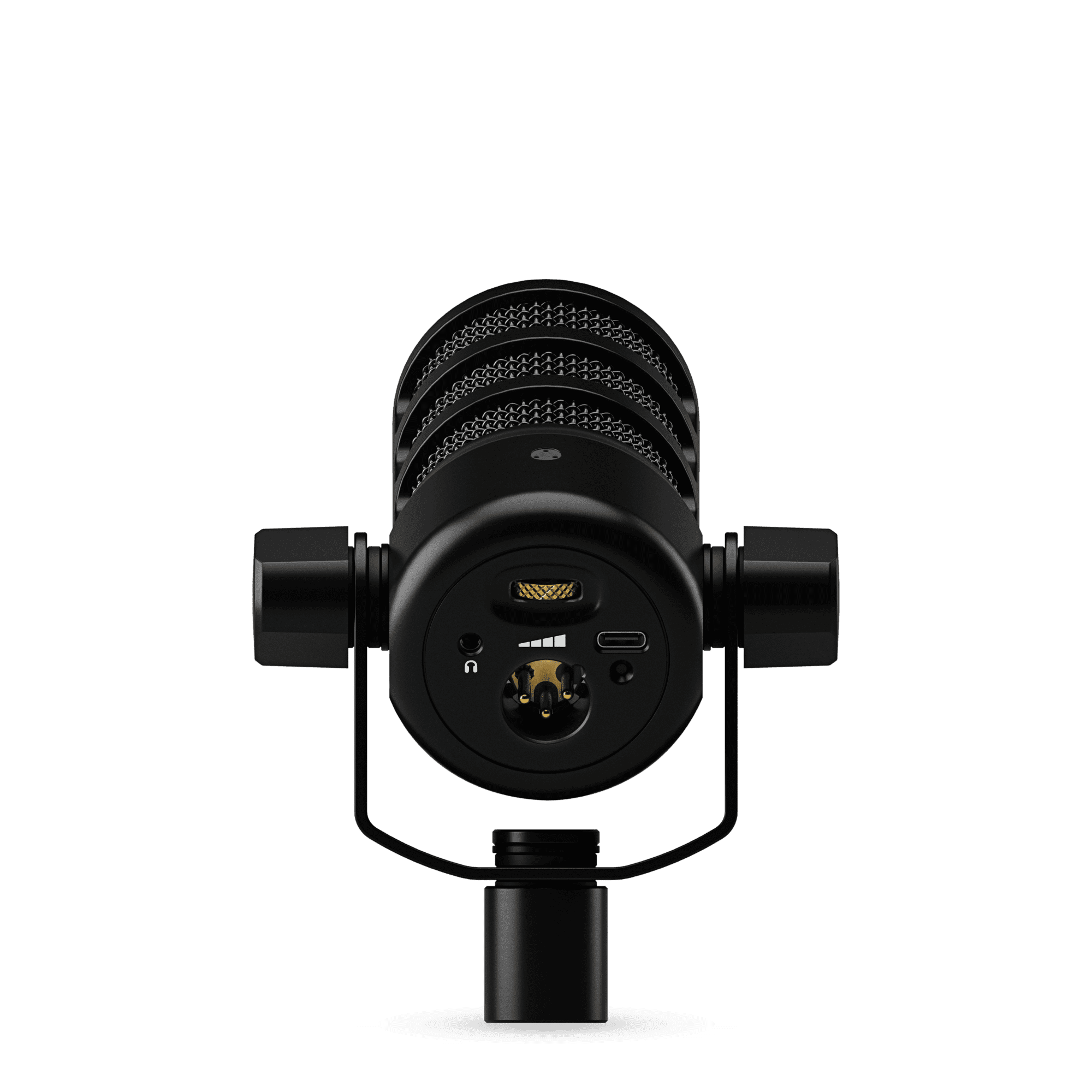 a black microphone viewed from the front showcasing its mesh grille and control knobs the base features connection ports including a usbc and an xlr input with a smooth matte finish digital production A black microphone viewed from the front, showcasing its mesh grille and control knobs. The base features connection ports, including a USB-C and an XLR input, with a smooth matte finish.