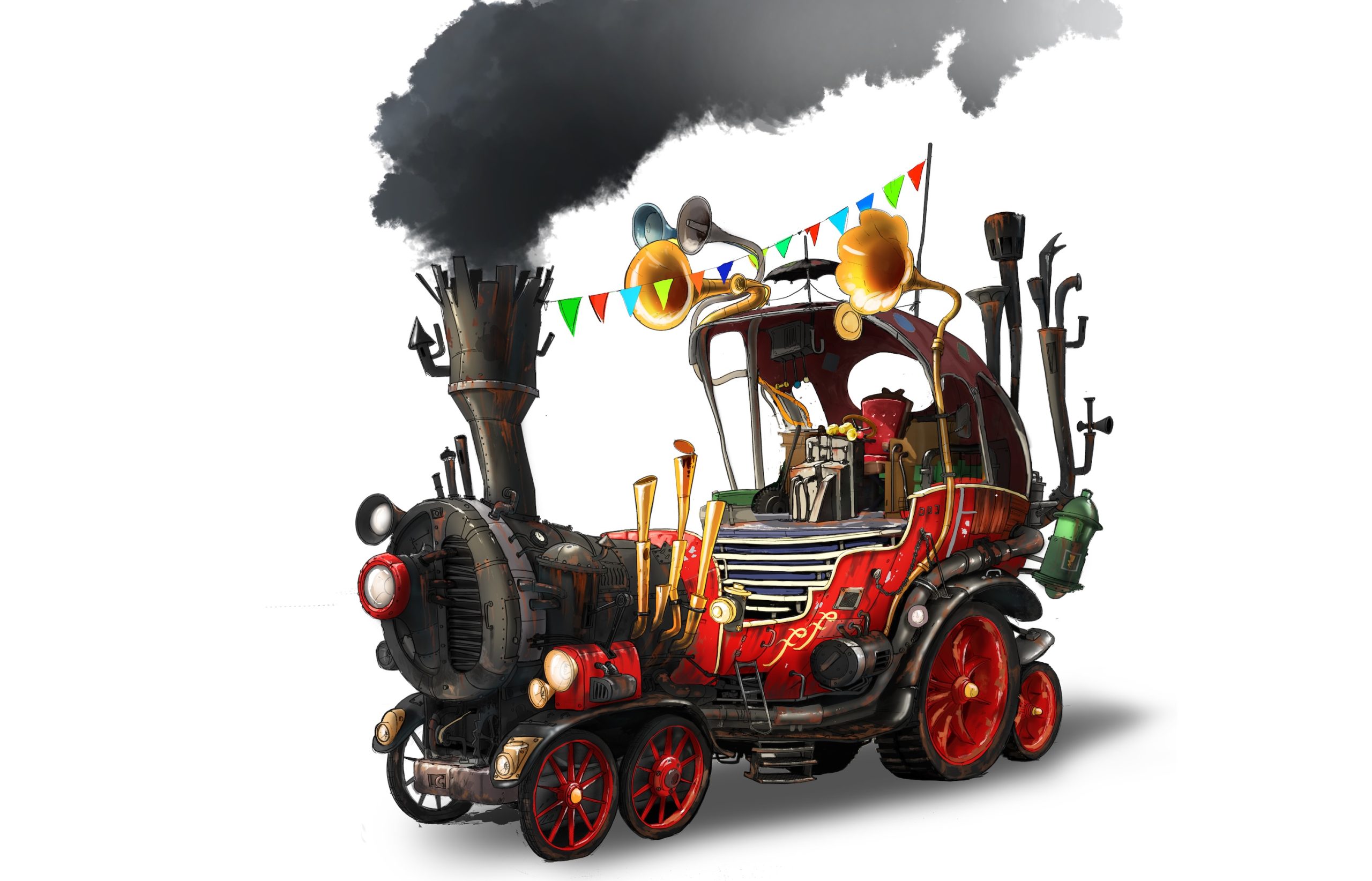 a whimsical colorful steampowered vehicle adorned with festive flags and musical instruments the locomotive features intricate detailing with smoke billowing from the smokestack and vibrant red wheels creating a playful atmosphere digital production A whimsical, colorful steam-powered vehicle adorned with festive flags and musical instruments. The locomotive features intricate detailing, with smoke billowing from the smokestack and vibrant red wheels, creating a playful atmosphere.