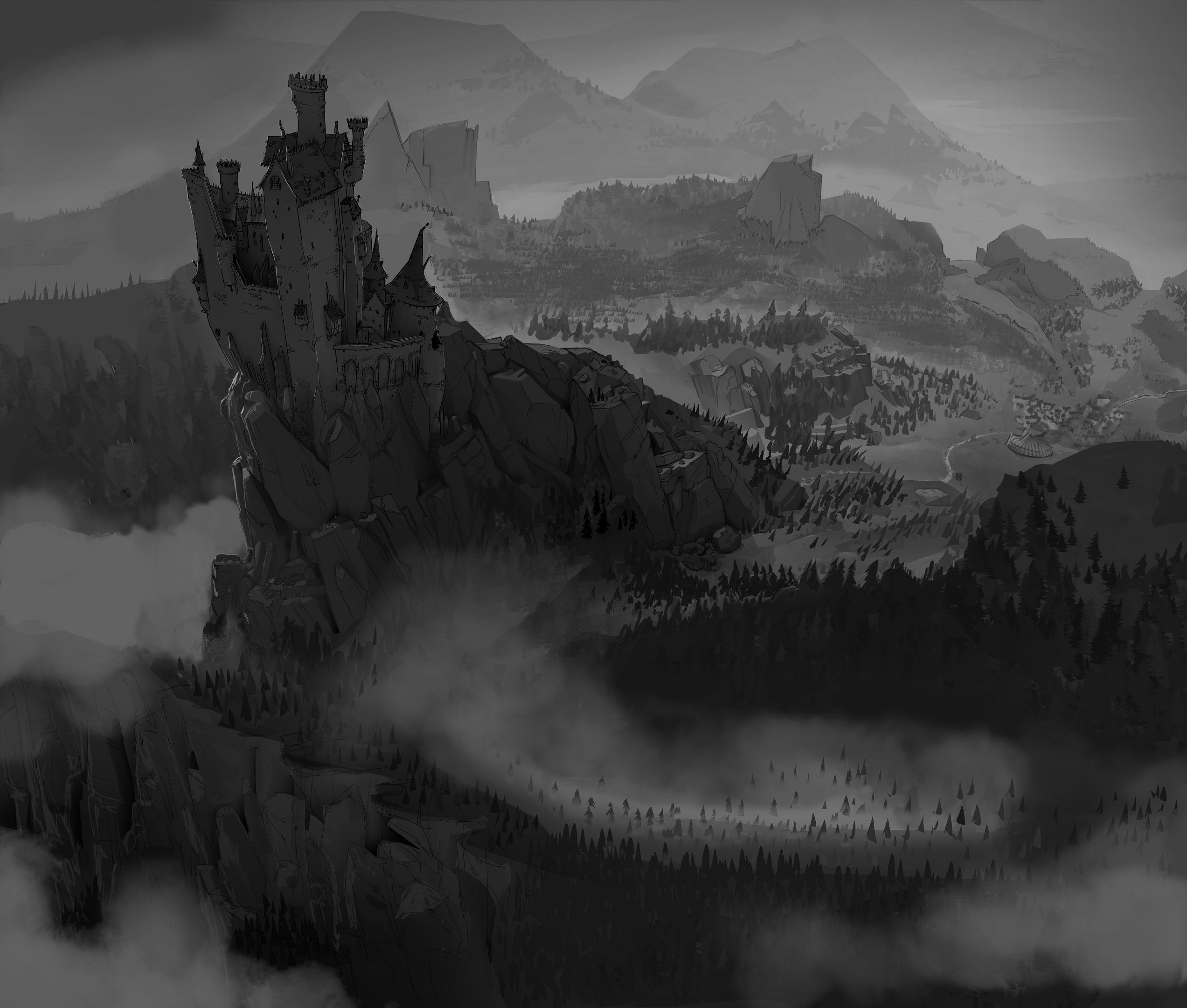a dramatic landscape featuring a dark imposing castle perched atop a rocky cliff the scene is monochromatic with mist curling through a forested valley and distant mountains fading into the background digital production A dramatic landscape featuring a dark, imposing castle perched atop a rocky cliff. The scene is monochromatic, with mist curling through a forested valley and distant mountains fading into the background.