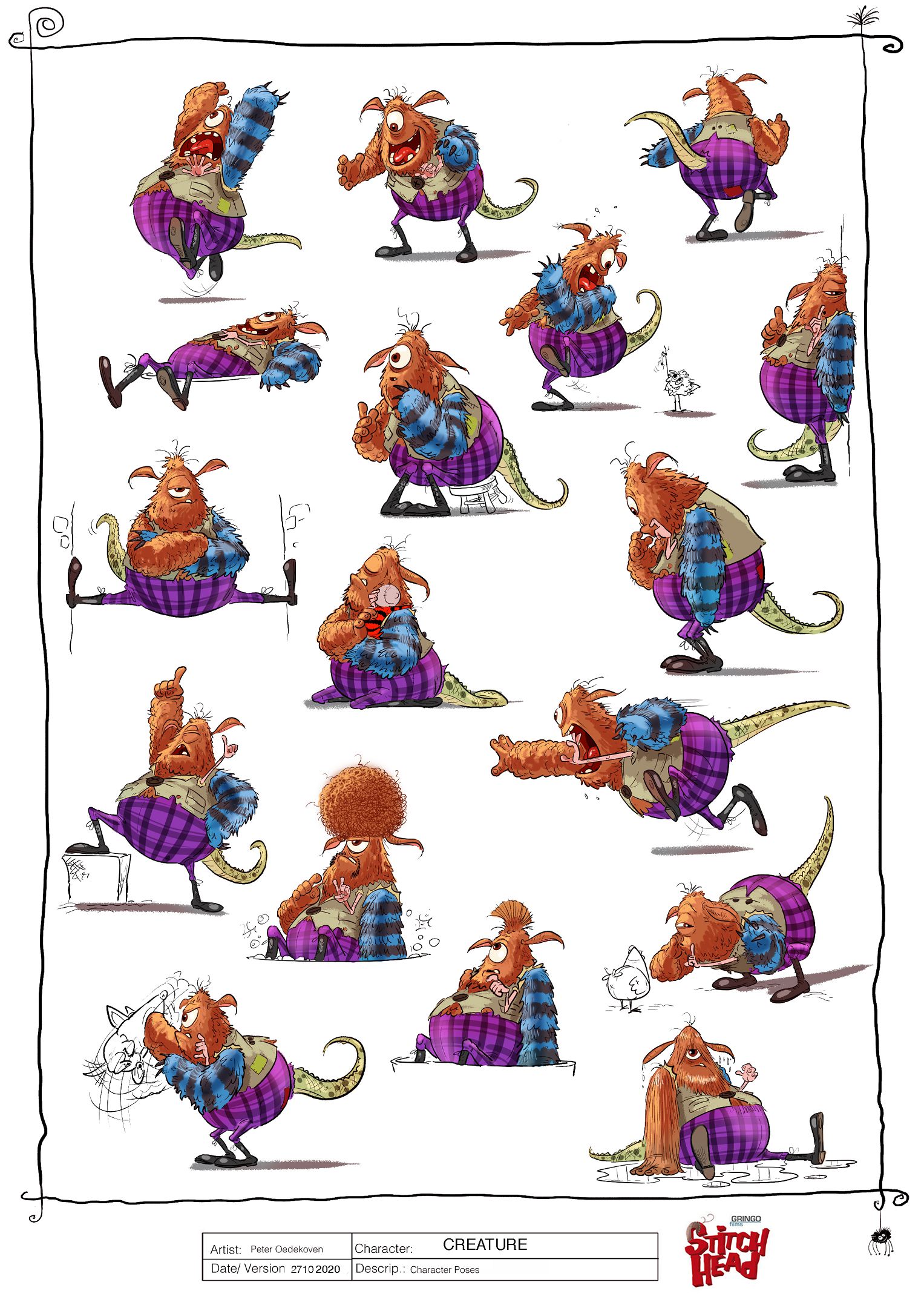 a character sheet featuring a colorful cartoon creature with various expressions and poses the creature with vibrant orange fur and wearing a purple plaid outfit displays playful actions showing emotion and movement in each of the 16 sketches digital production A character sheet featuring a colorful cartoon creature with various expressions and poses. The creature, with vibrant orange fur and wearing a purple plaid outfit, displays playful actions, showing emotion and movement in each of the 16 sketches.