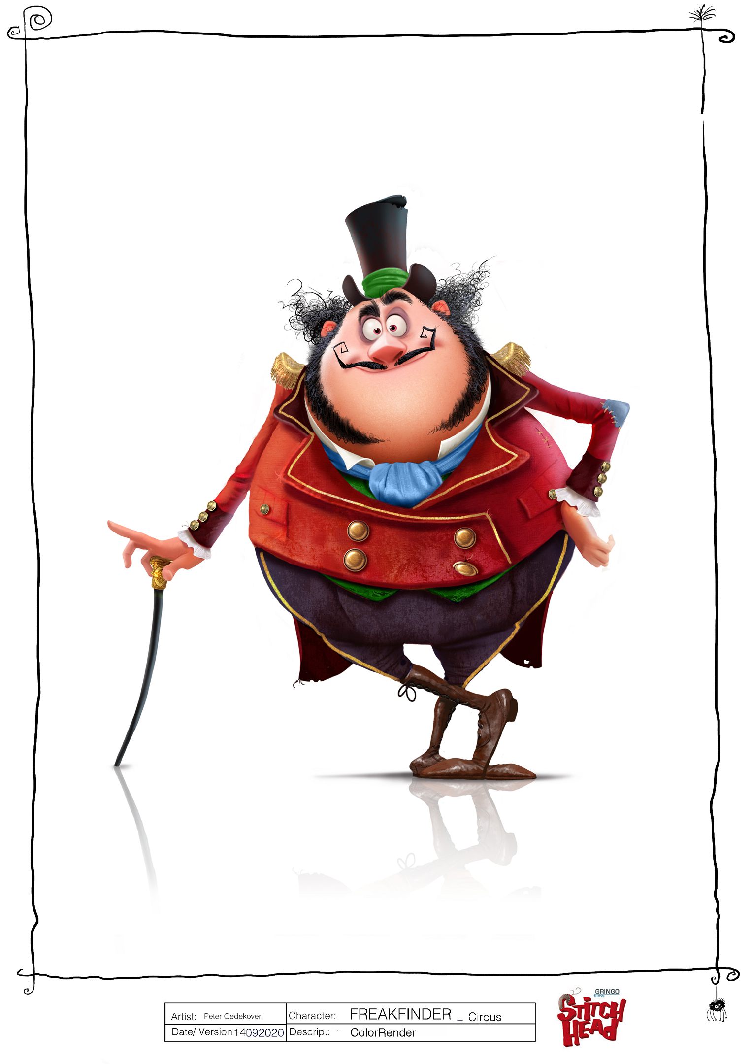 a cartoon character named freakfinder with a large round body dressed in a bright red coat with gold buttons he has a tall black top hat curly hair and is holding a cane his expression is cheerful with a wide grin digital production A cartoon character named Freakfinder with a large, round body, dressed in a bright red coat with gold buttons. He has a tall black top hat, curly hair, and is holding a cane. His expression is cheerful, with a wide grin.
